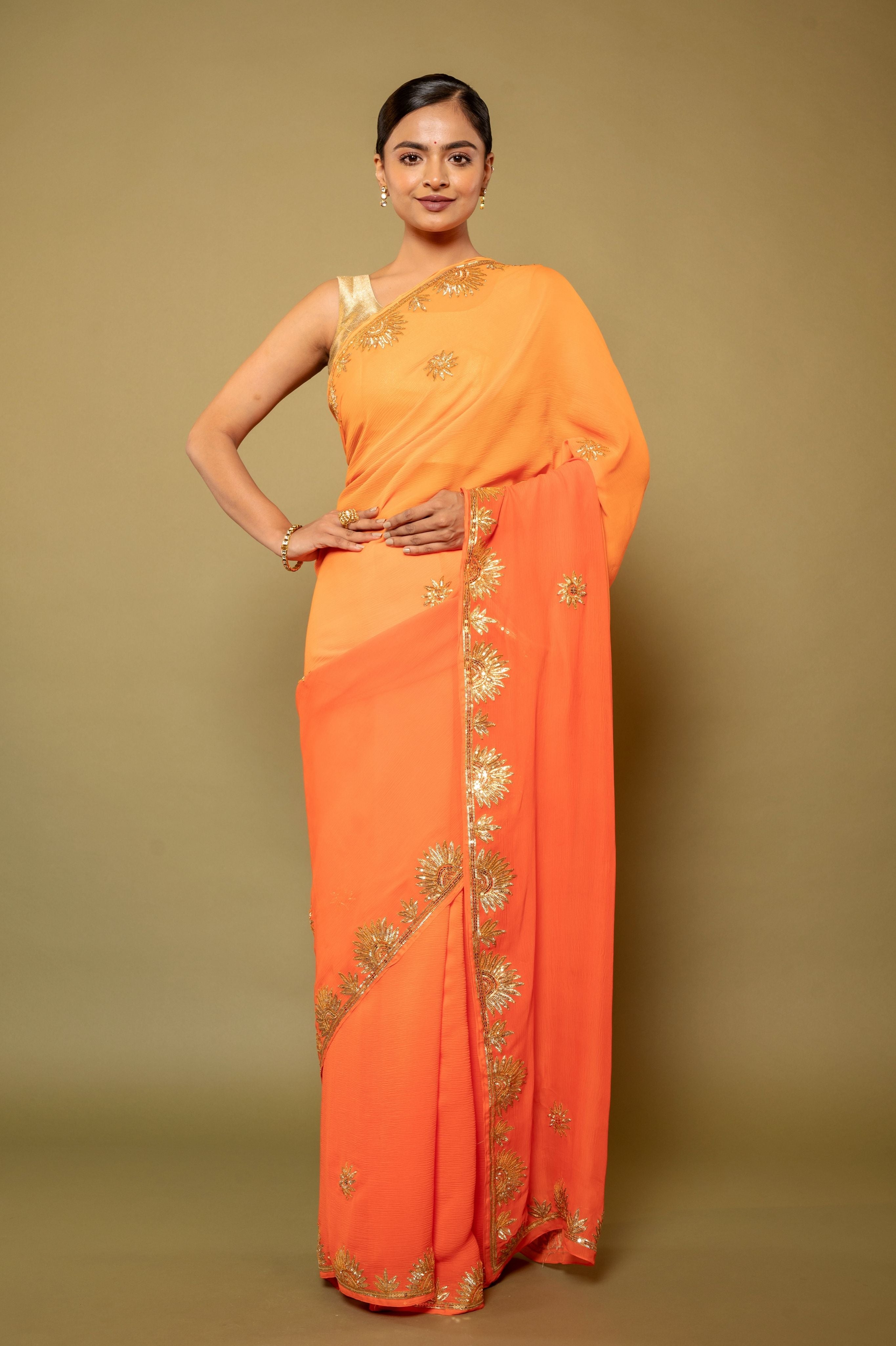 Orange light dark pure chiffon sikhiya gota border butti handwork saree