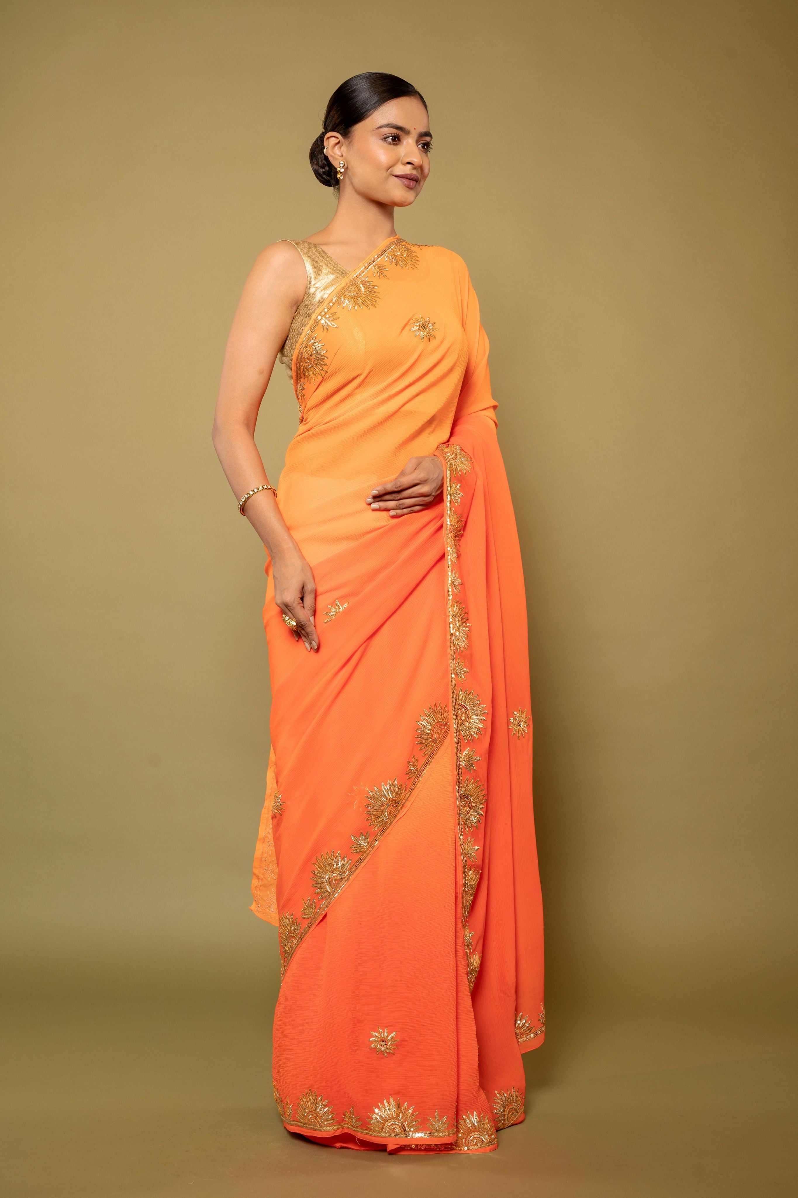 Orange light dark pure chiffon sikhiya gota border butti handwork saree
