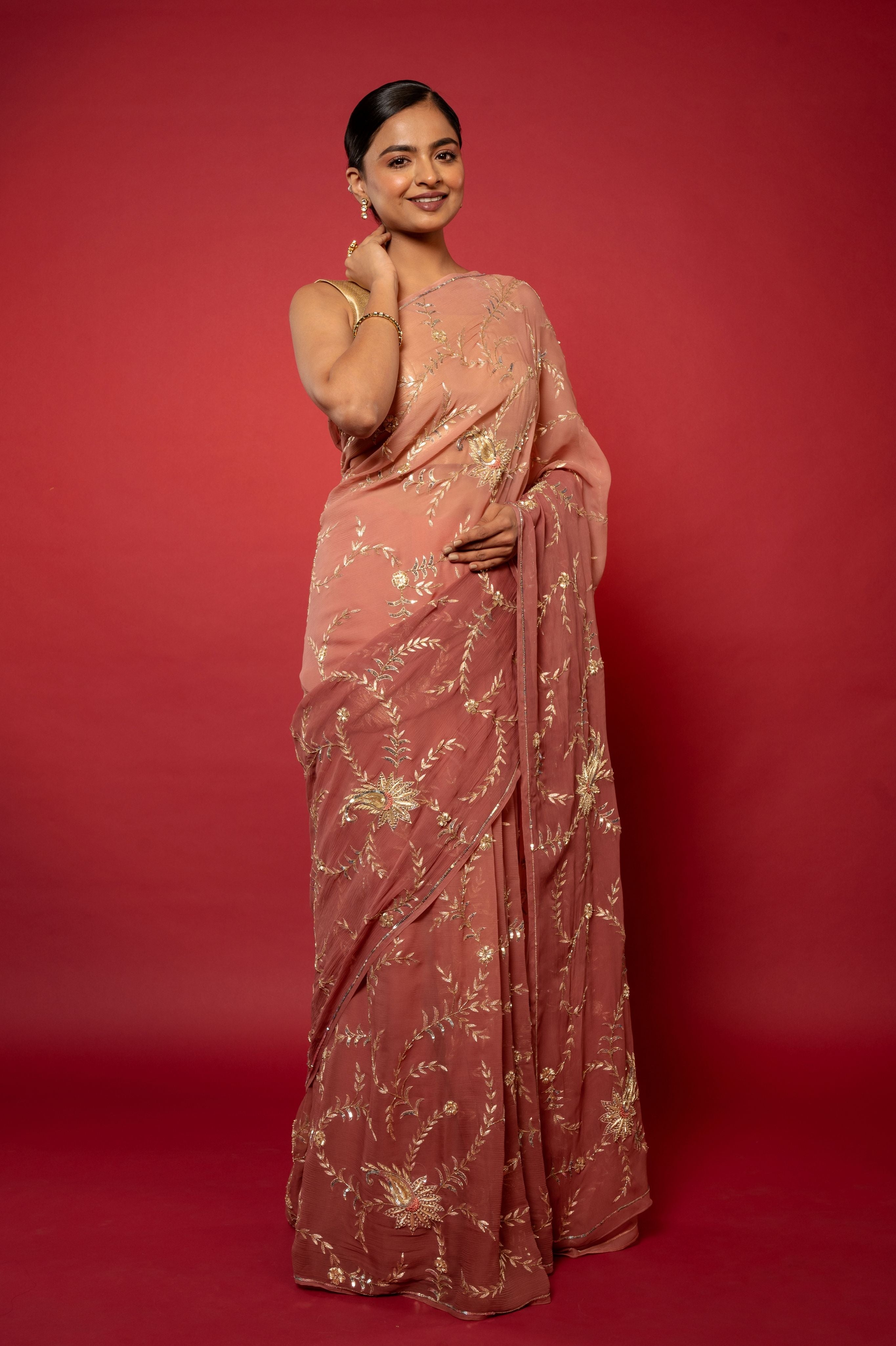 Choclate brown light dark Pure Chiffon aari zardozi sequins jaal handwork saree