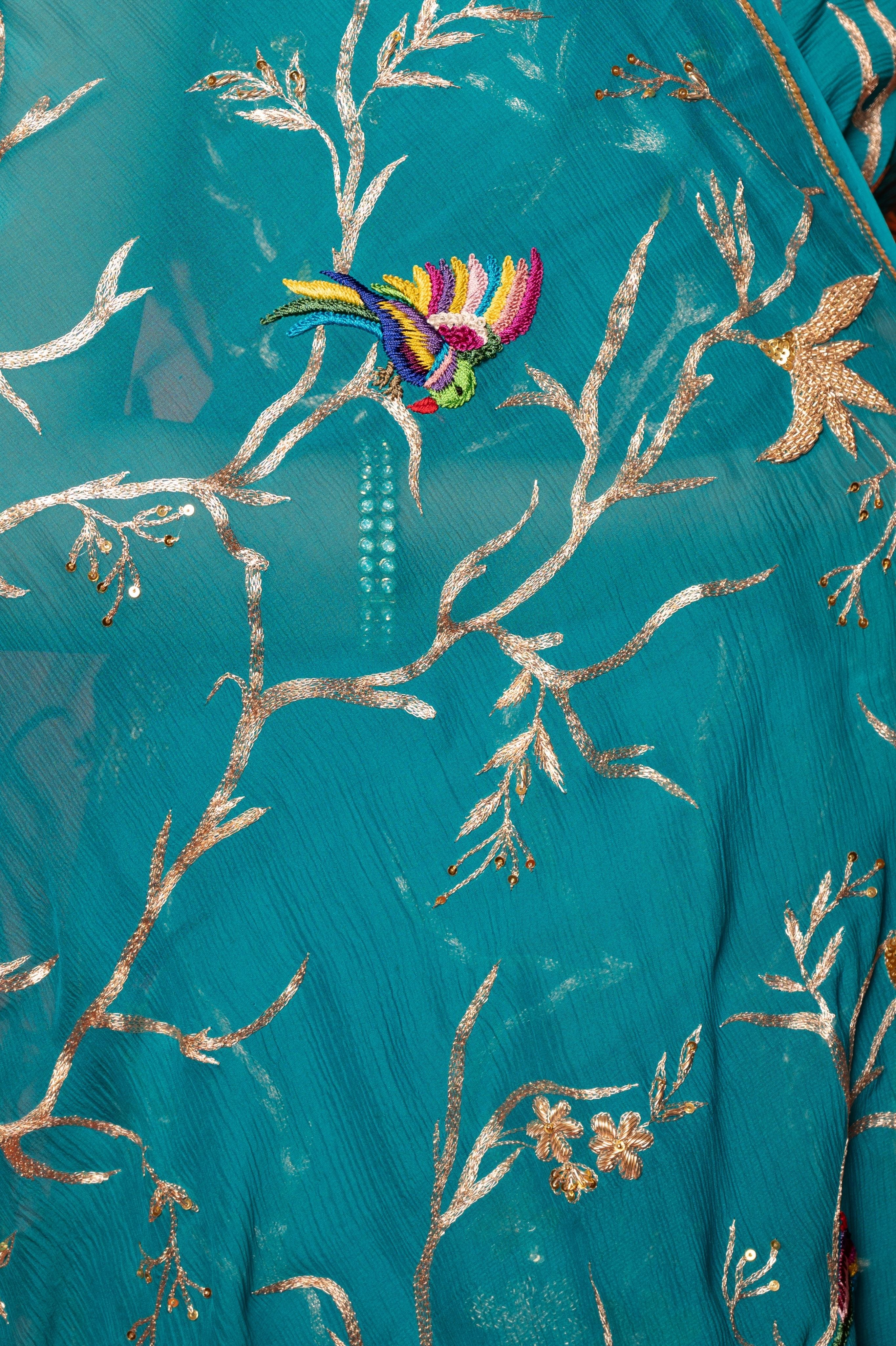 Rama Light dark Pure Chiffon aari resham jaal handwork saree