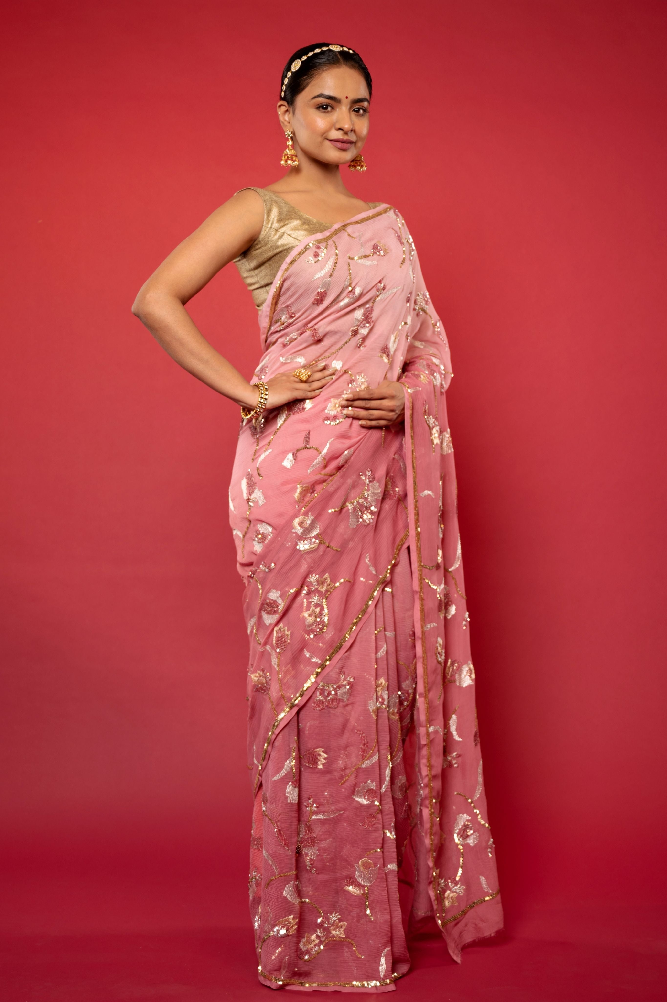 Peach light dark Pure Chiffon aari sequins jaal handwork saree