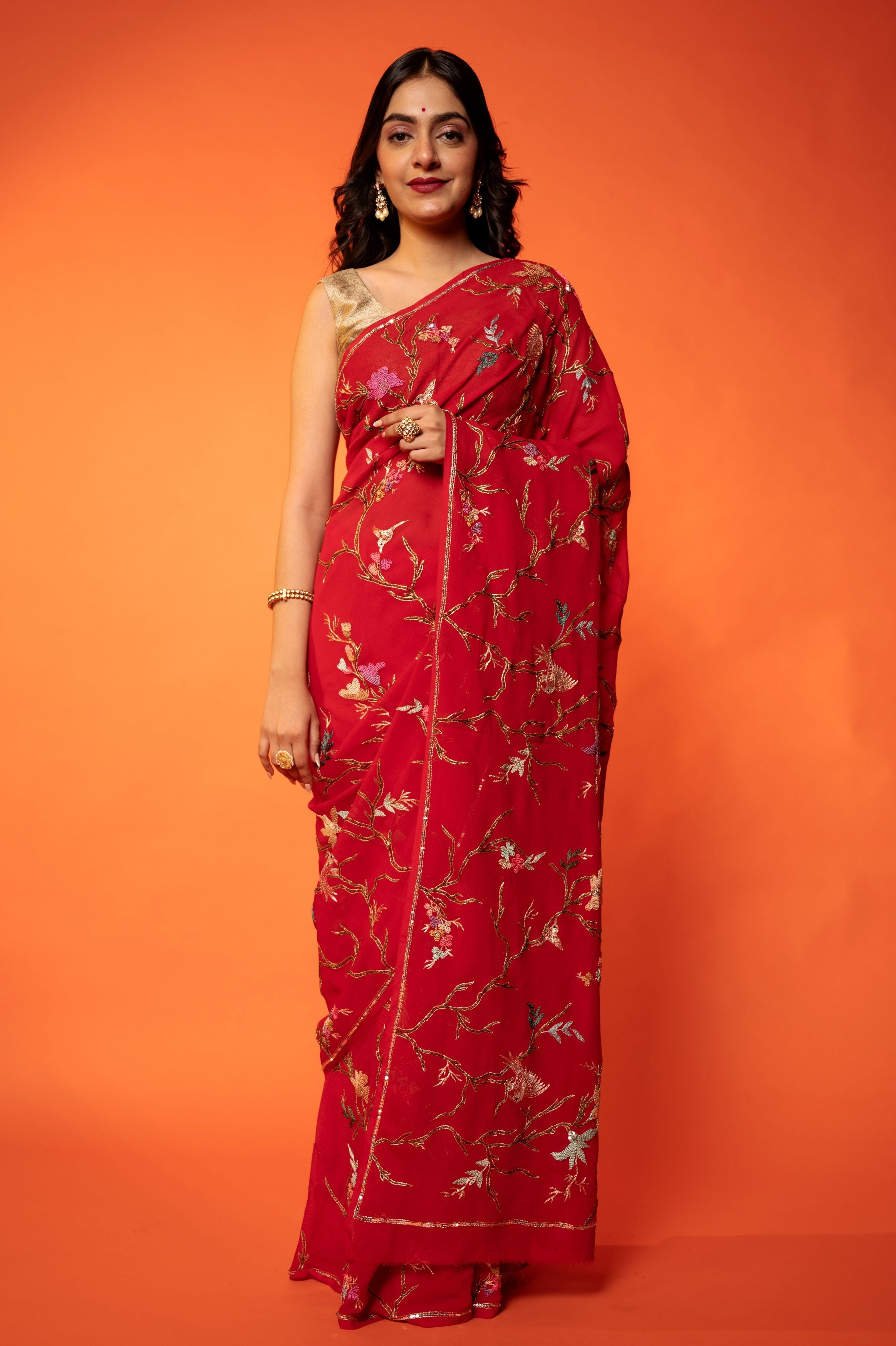 Red Pure Chiffon aari resham jaal handwork saree