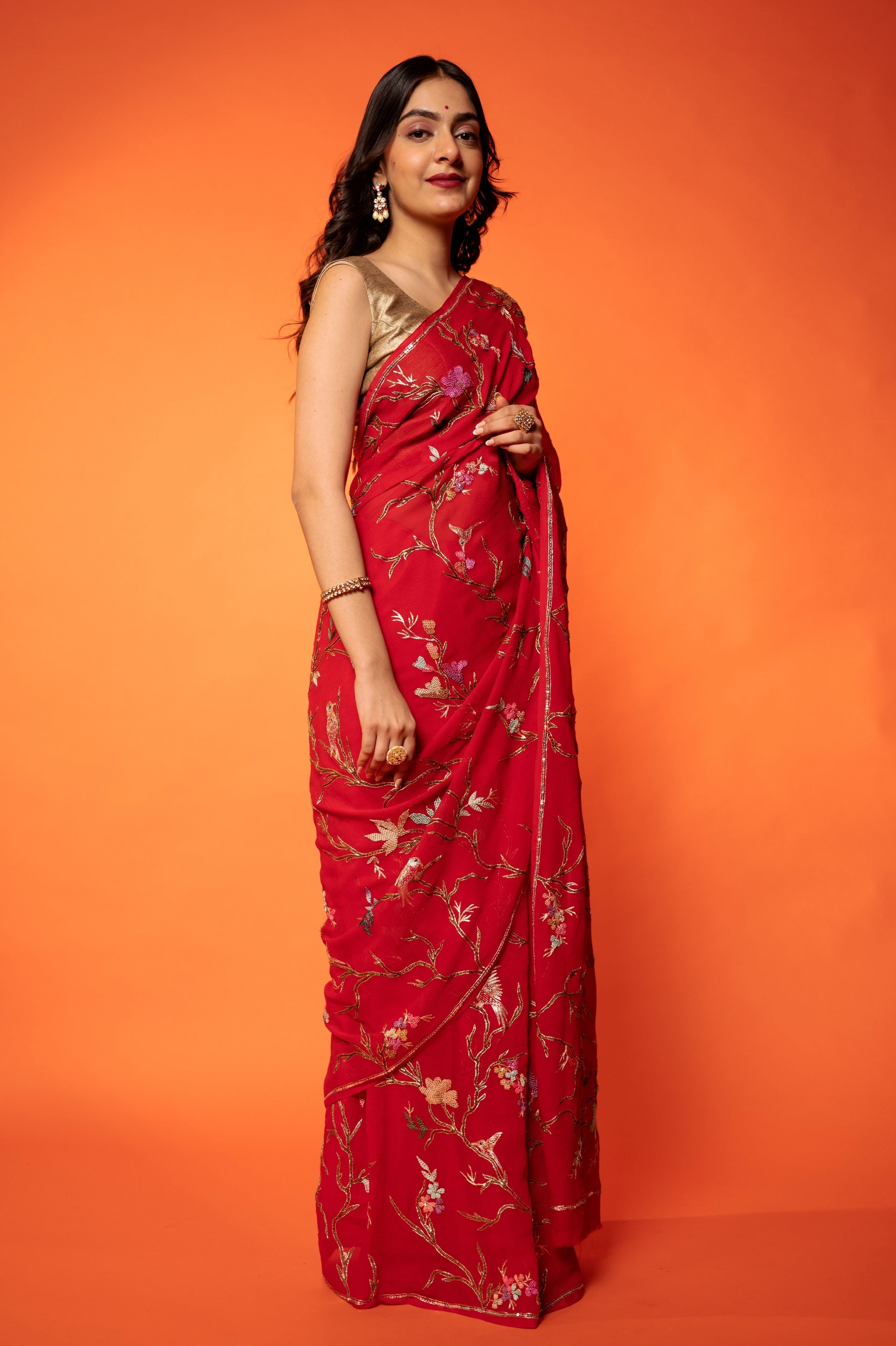Red Pure Chiffon aari resham jaal handwork saree