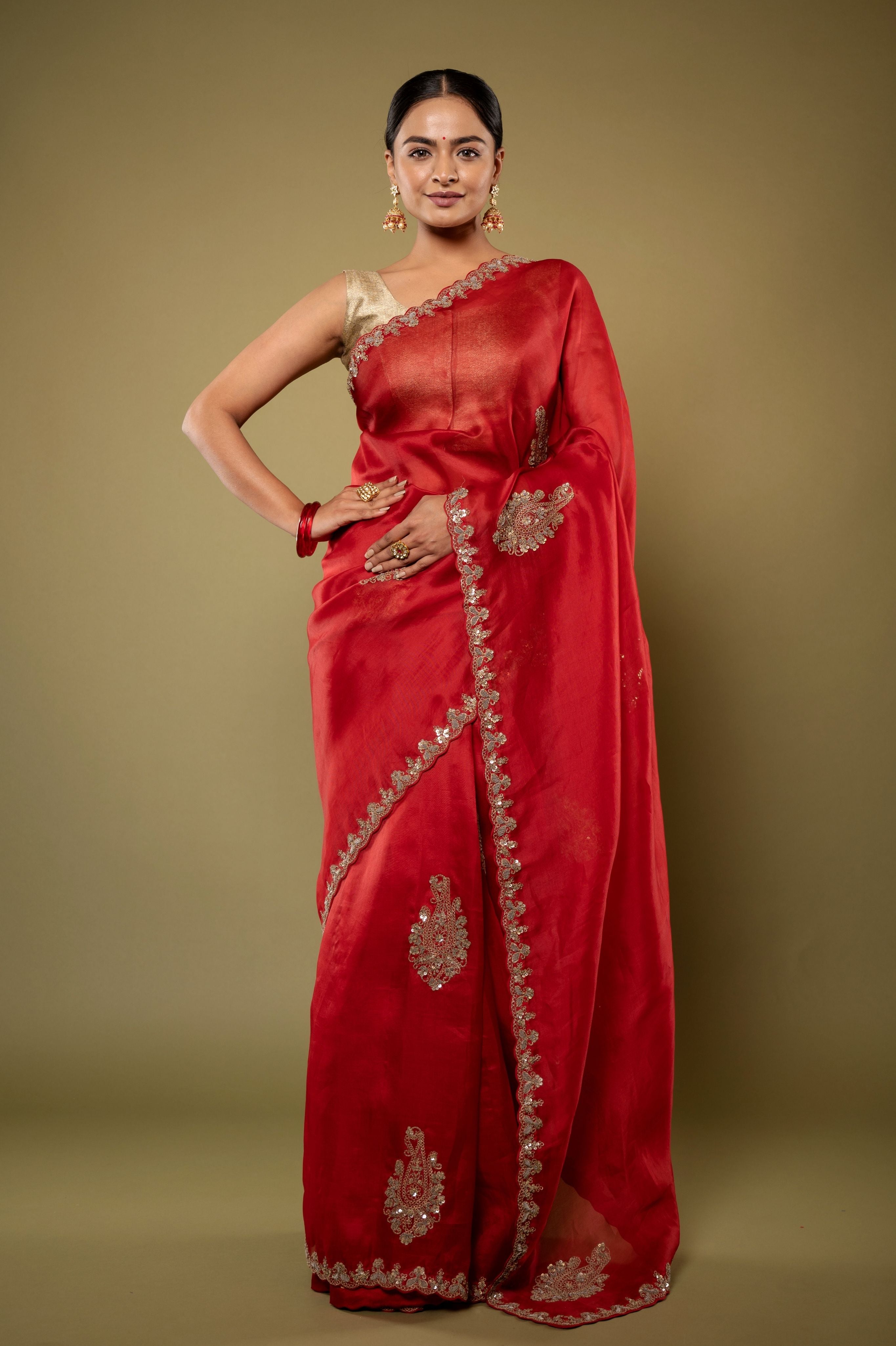 red Organza zardozi border butti handwork saree