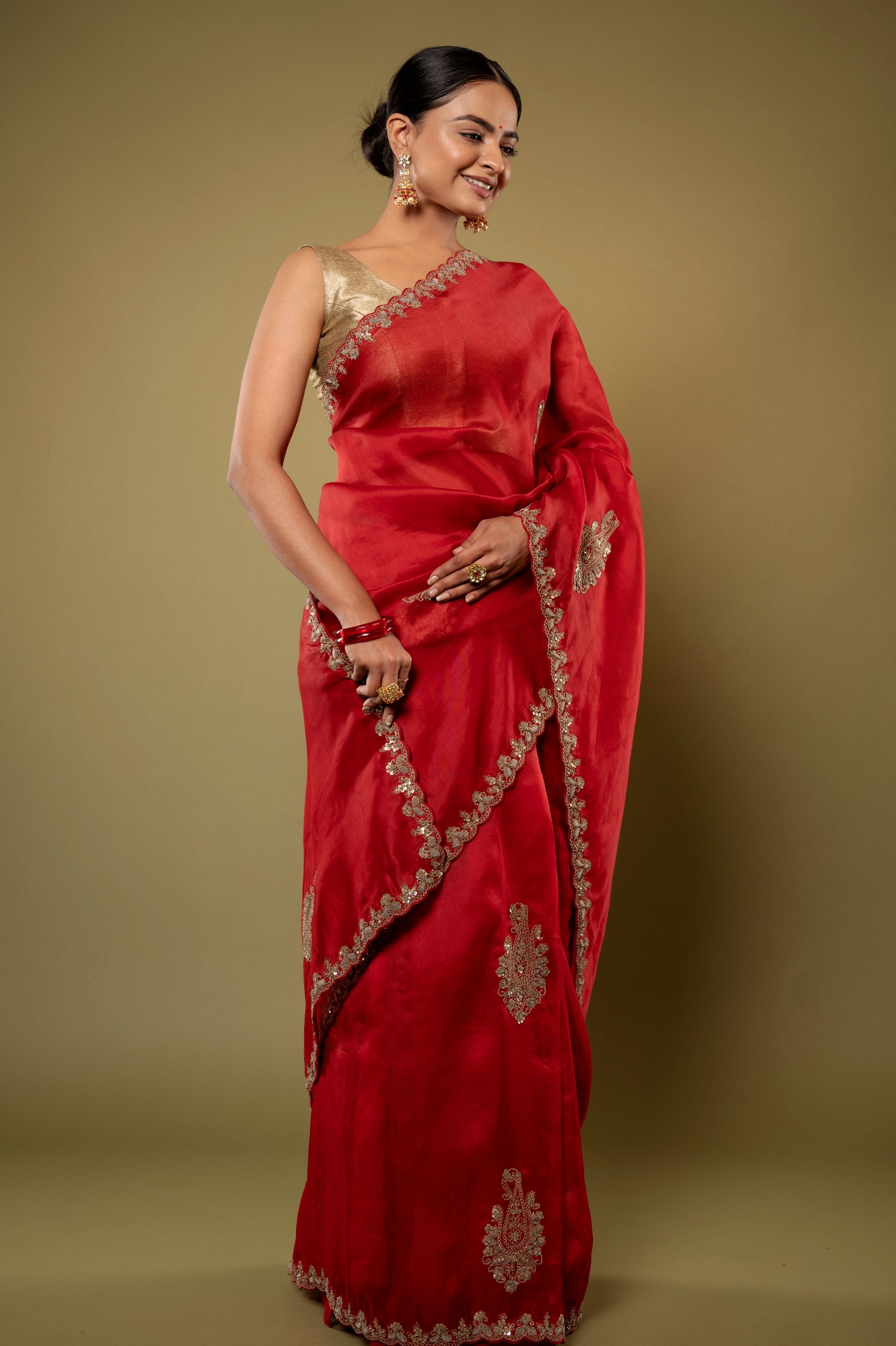red Organza zardozi border butti handwork saree
