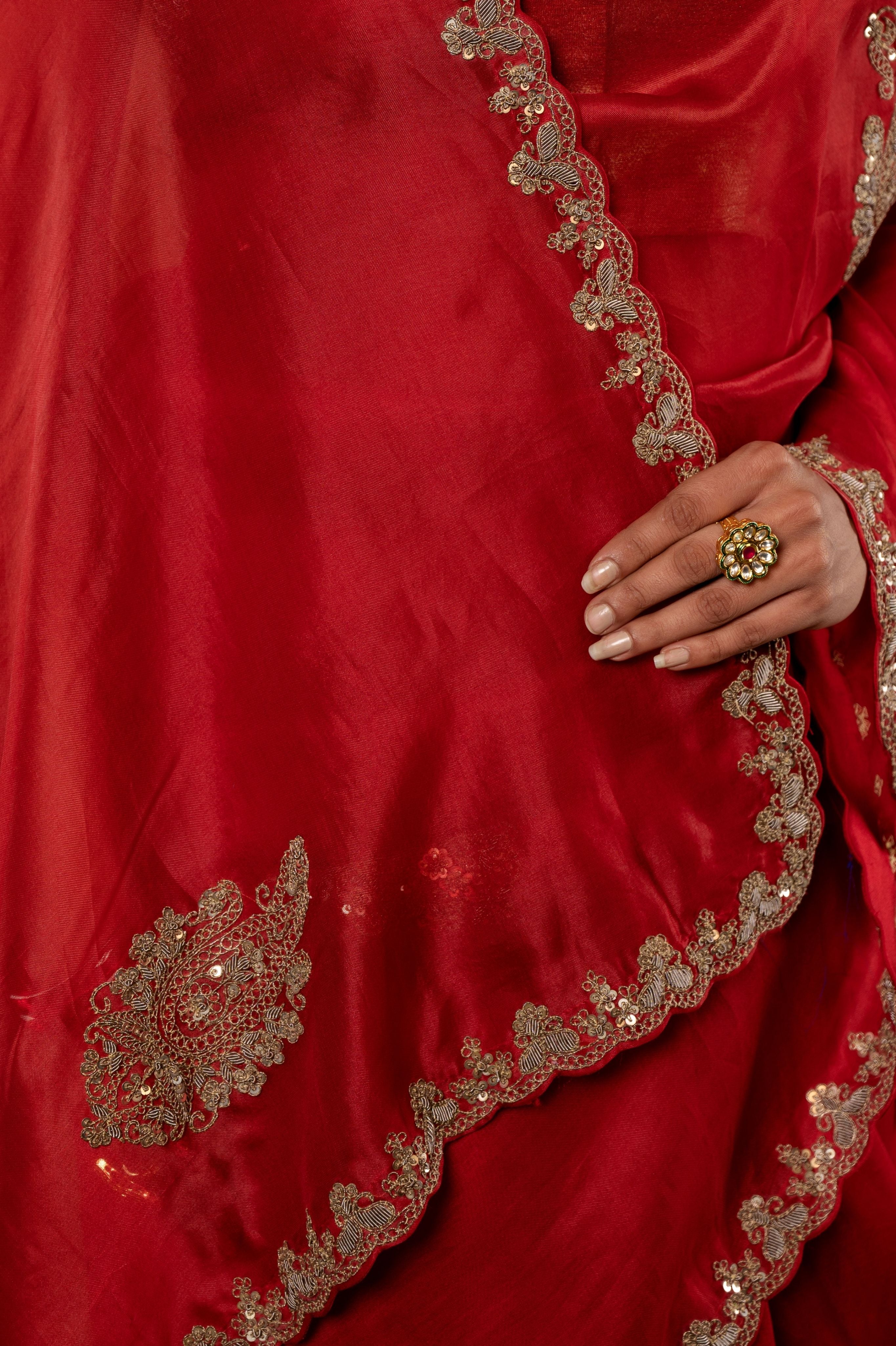 red Organza zardozi border butti handwork saree