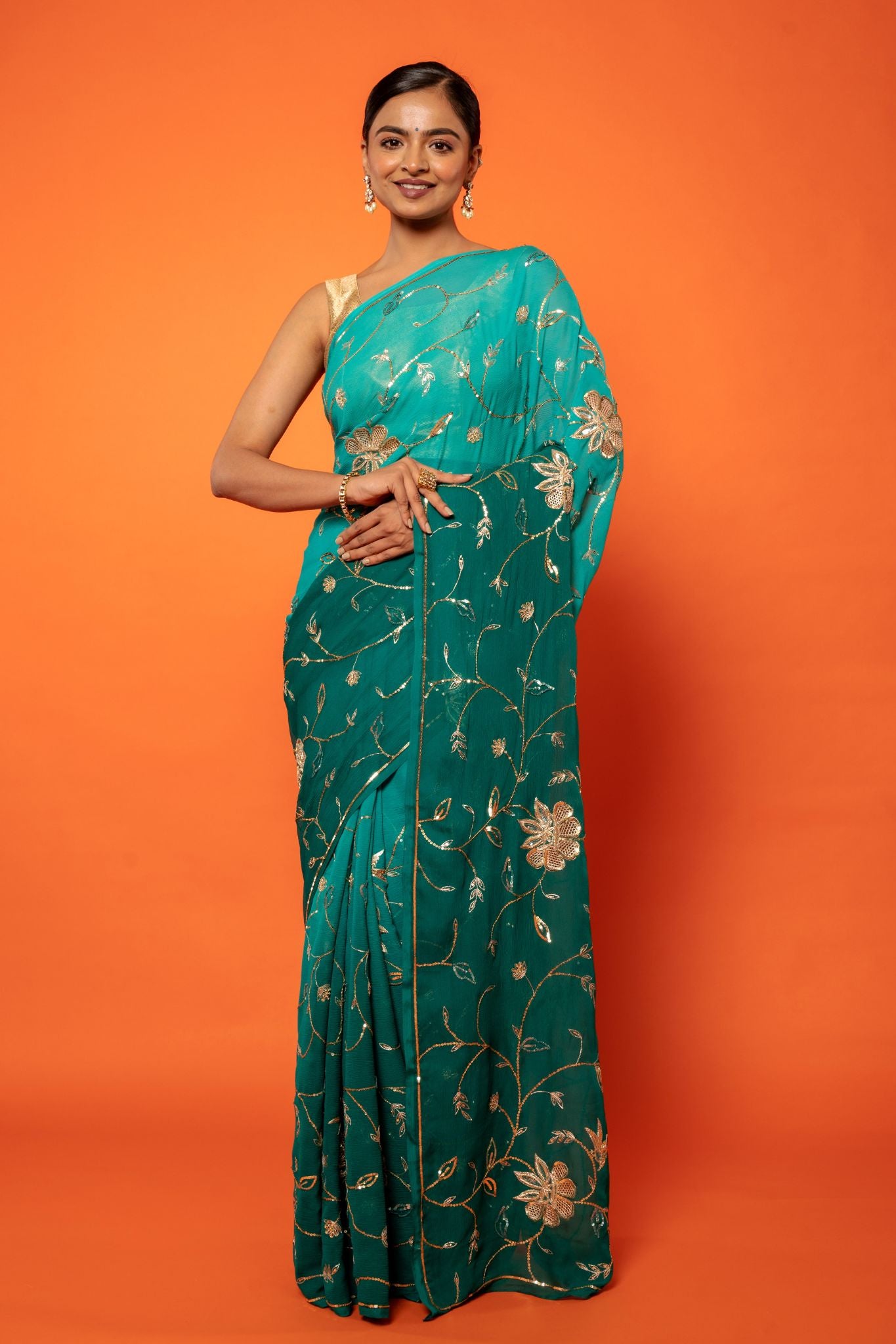Rama green pure chiffon aari sequins jaal handwork saree