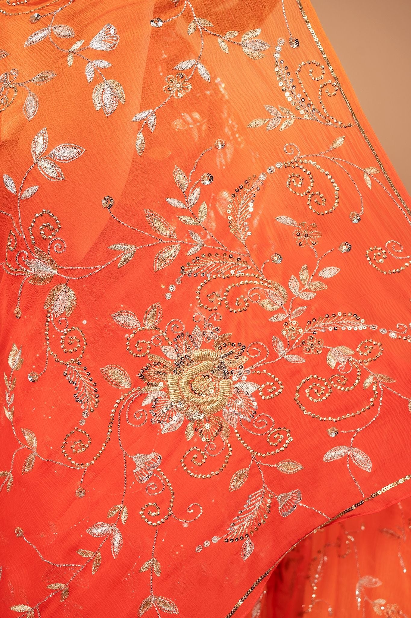 Orange light dark pure chiffon aari sequins zardozi jaal handwork saree