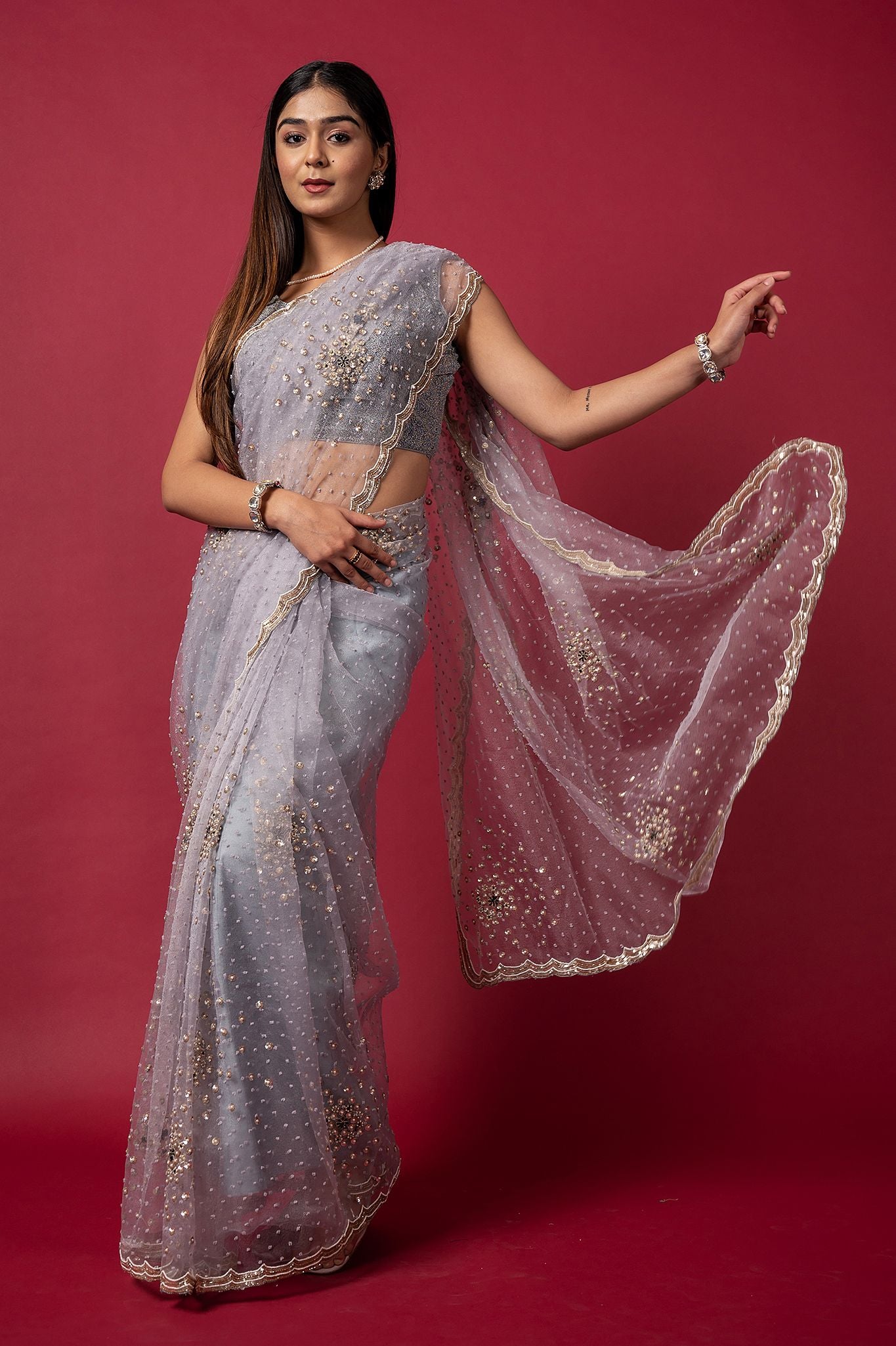 Grey Tissue organza pearl sequins handwork saree