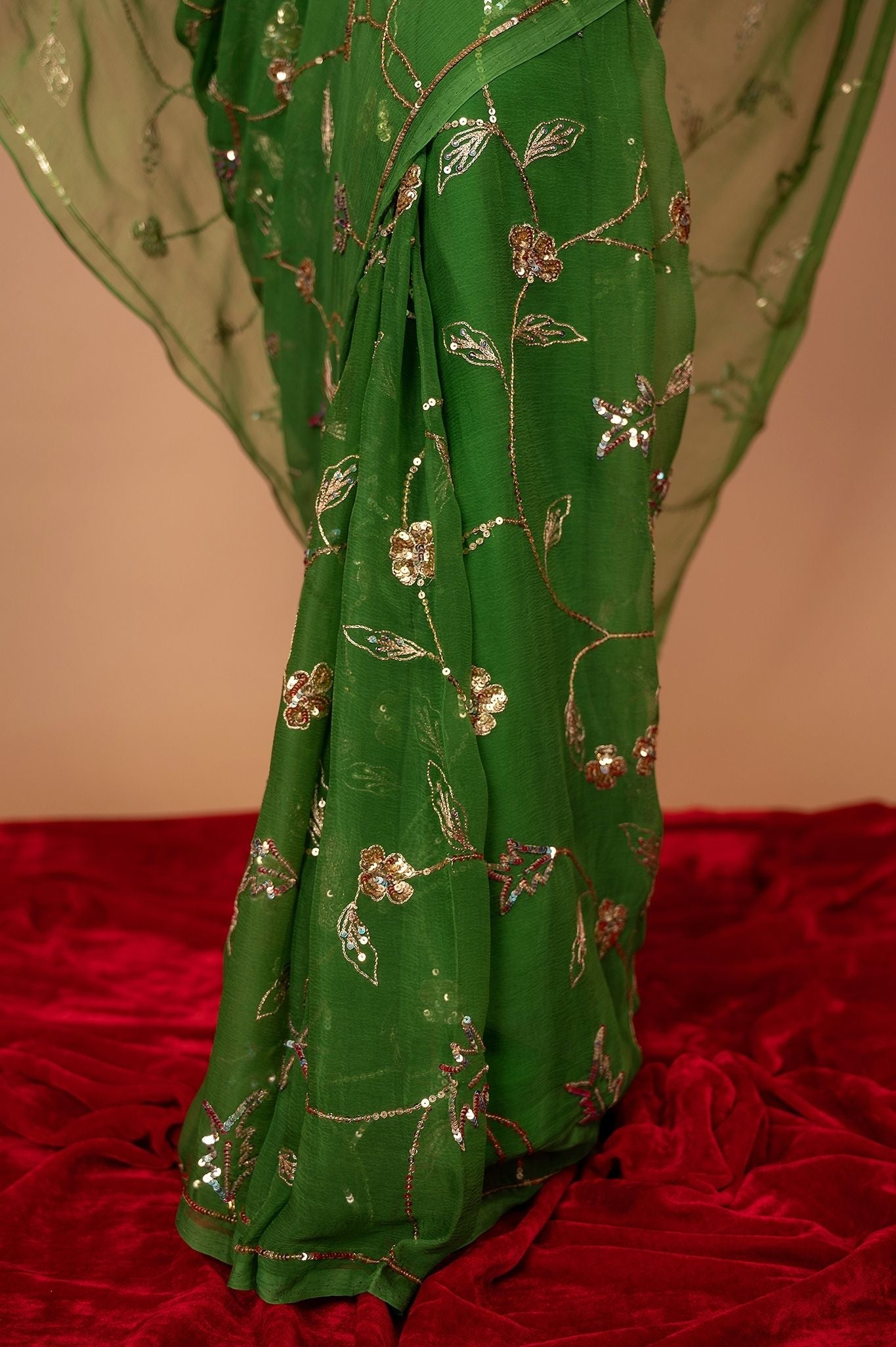Green Viscose Chiffon Aari sequins Jaal handwork party wear Saree