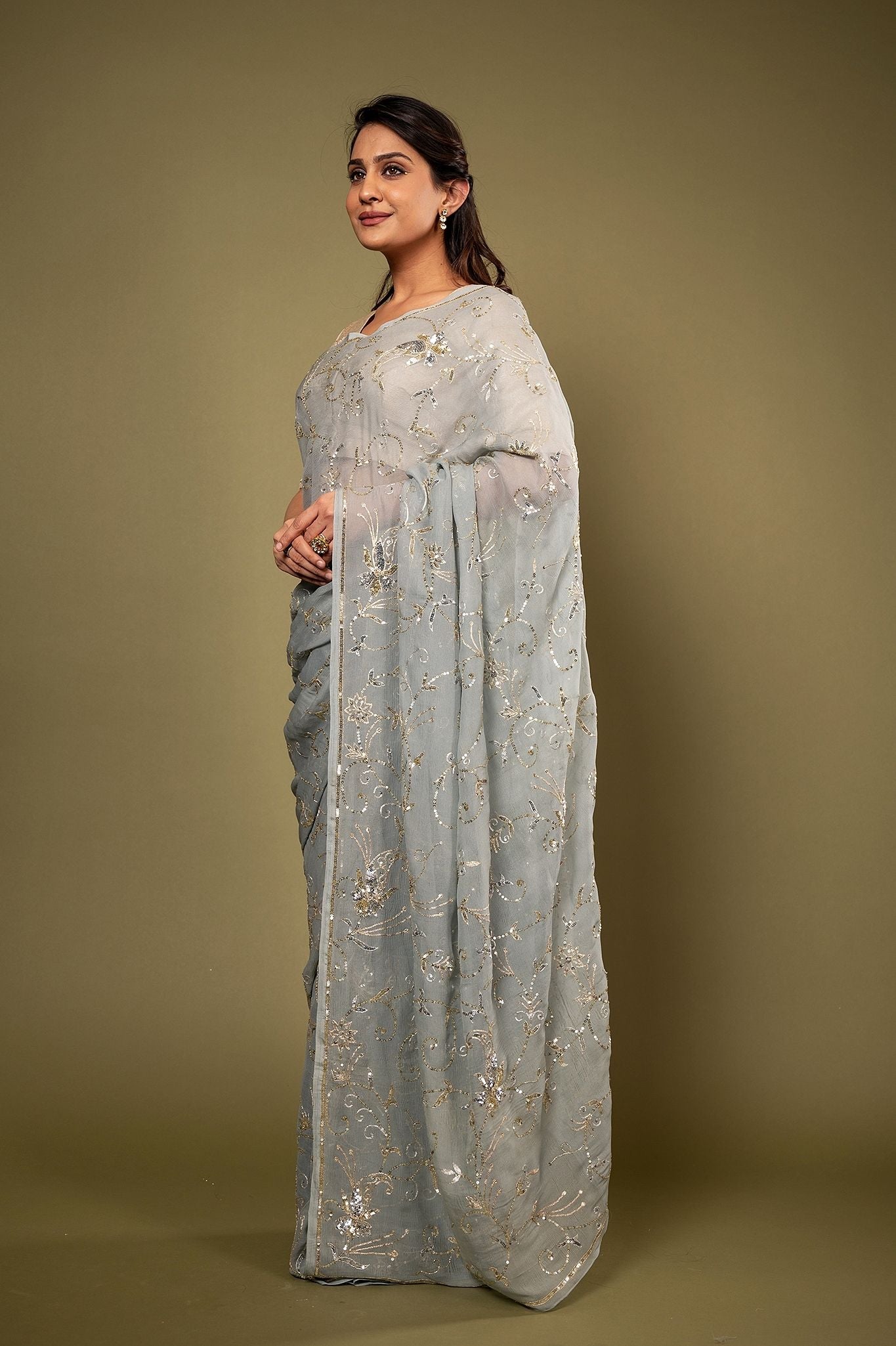 Grey Pure Chiffon aari sequins jaal handwork saree