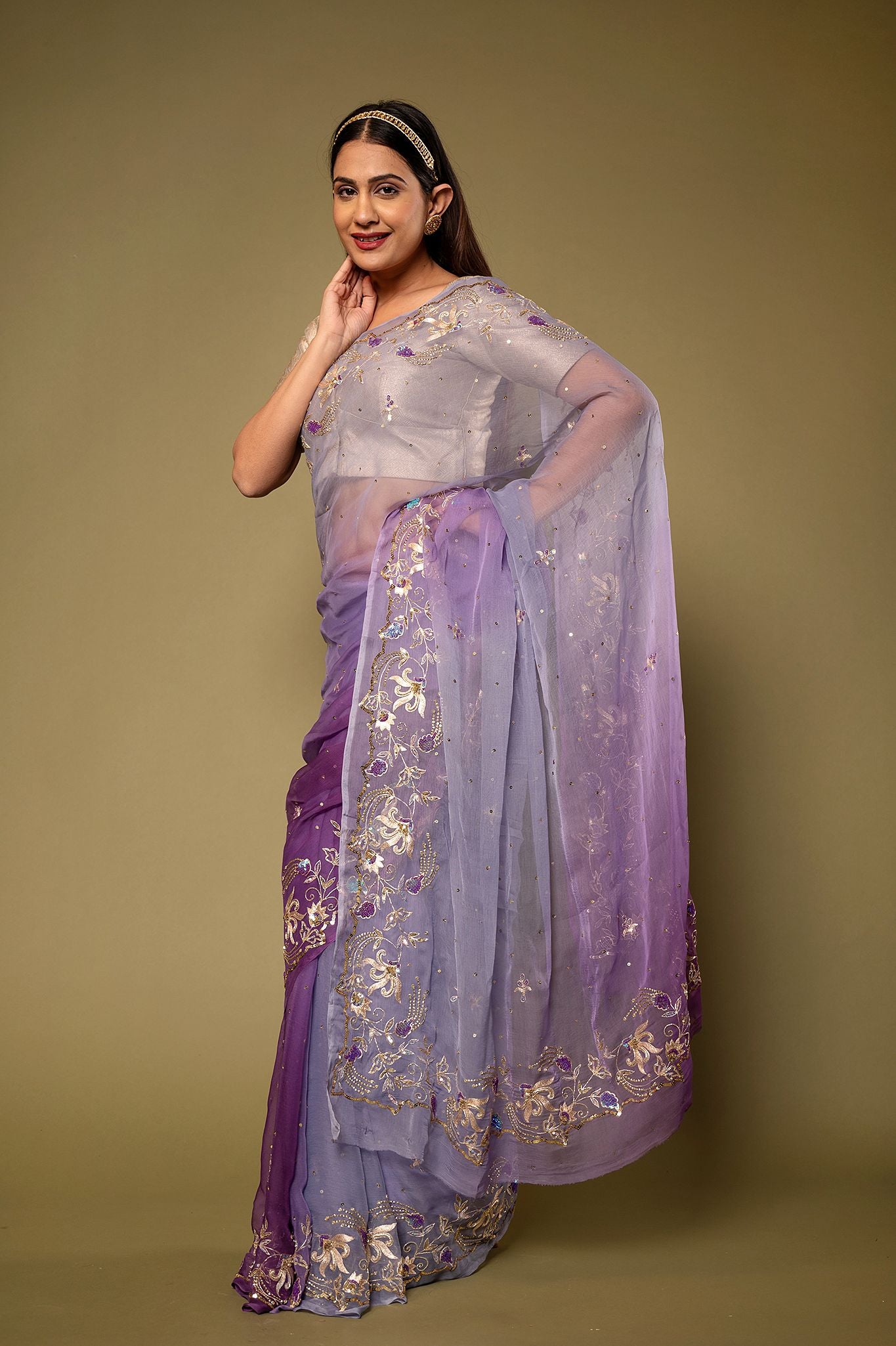 Lavender viscose Chiffon aari sequins border butti handwork saree