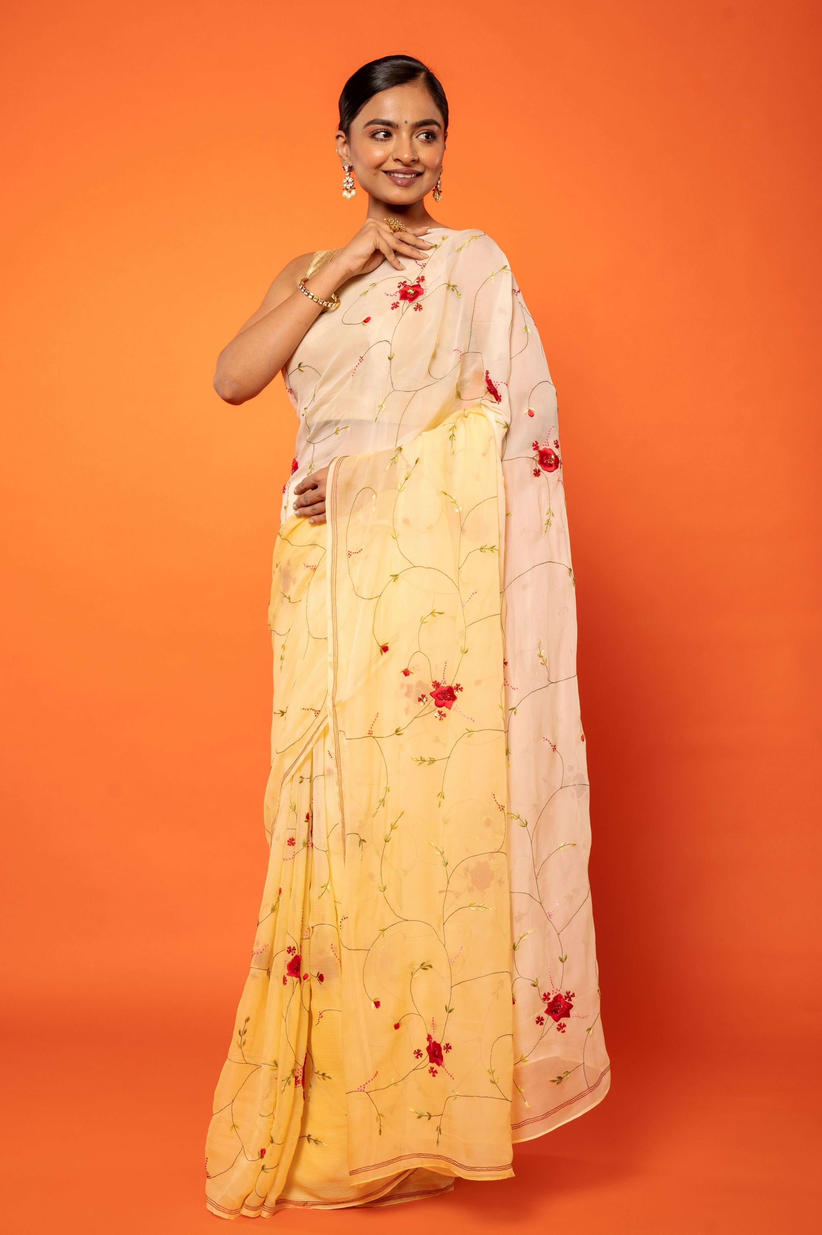 Yellow light dark Pure Chiffon resham Embroidery jaal handwork saree