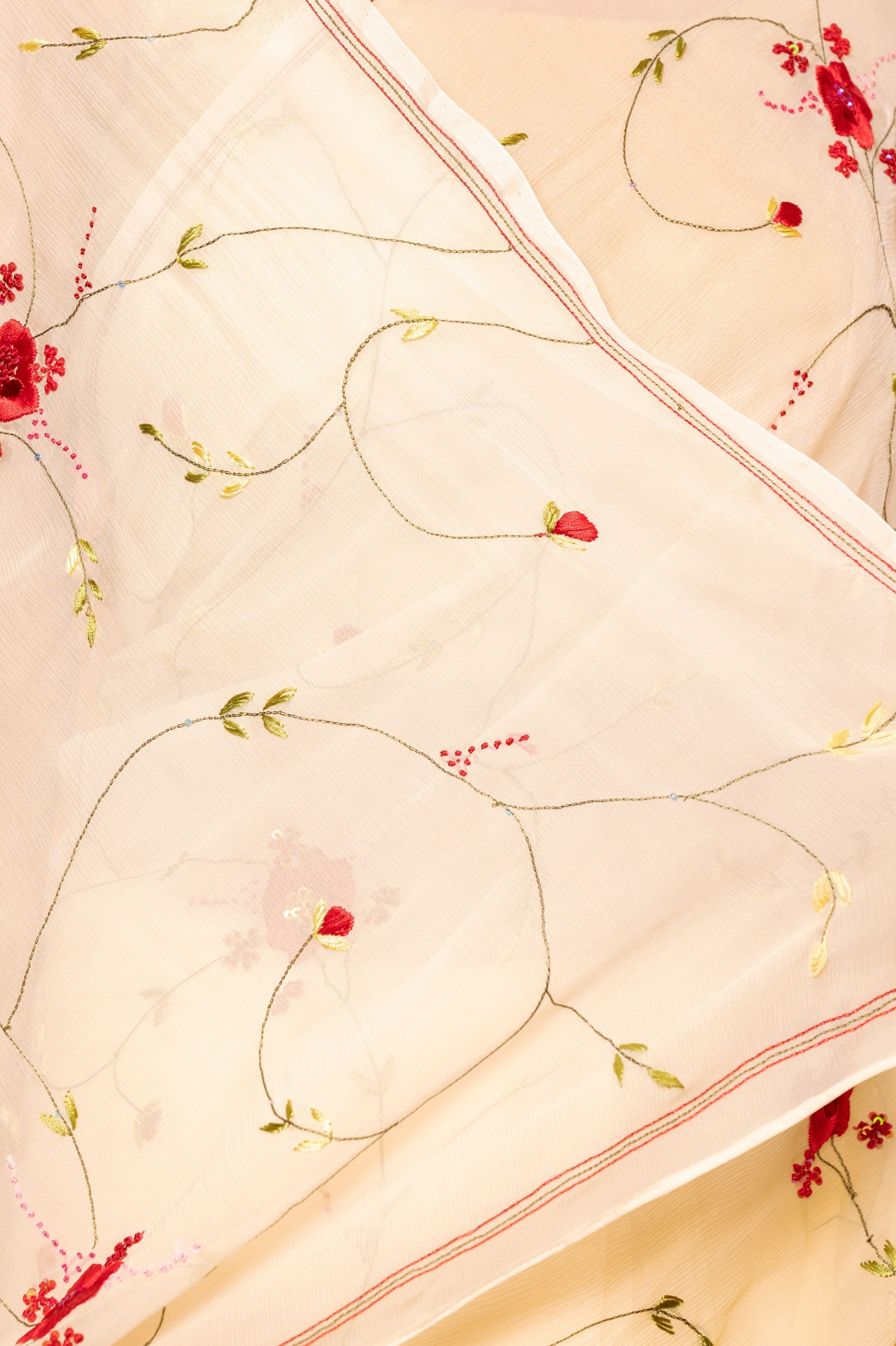 Yellow light dark Pure Chiffon resham Embroidery jaal handwork saree