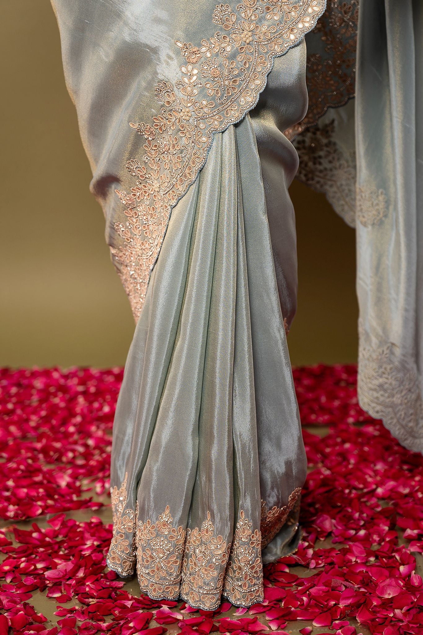 light grey Pure Tissue Resham Gotta pati borderbutti handwork party wear saree