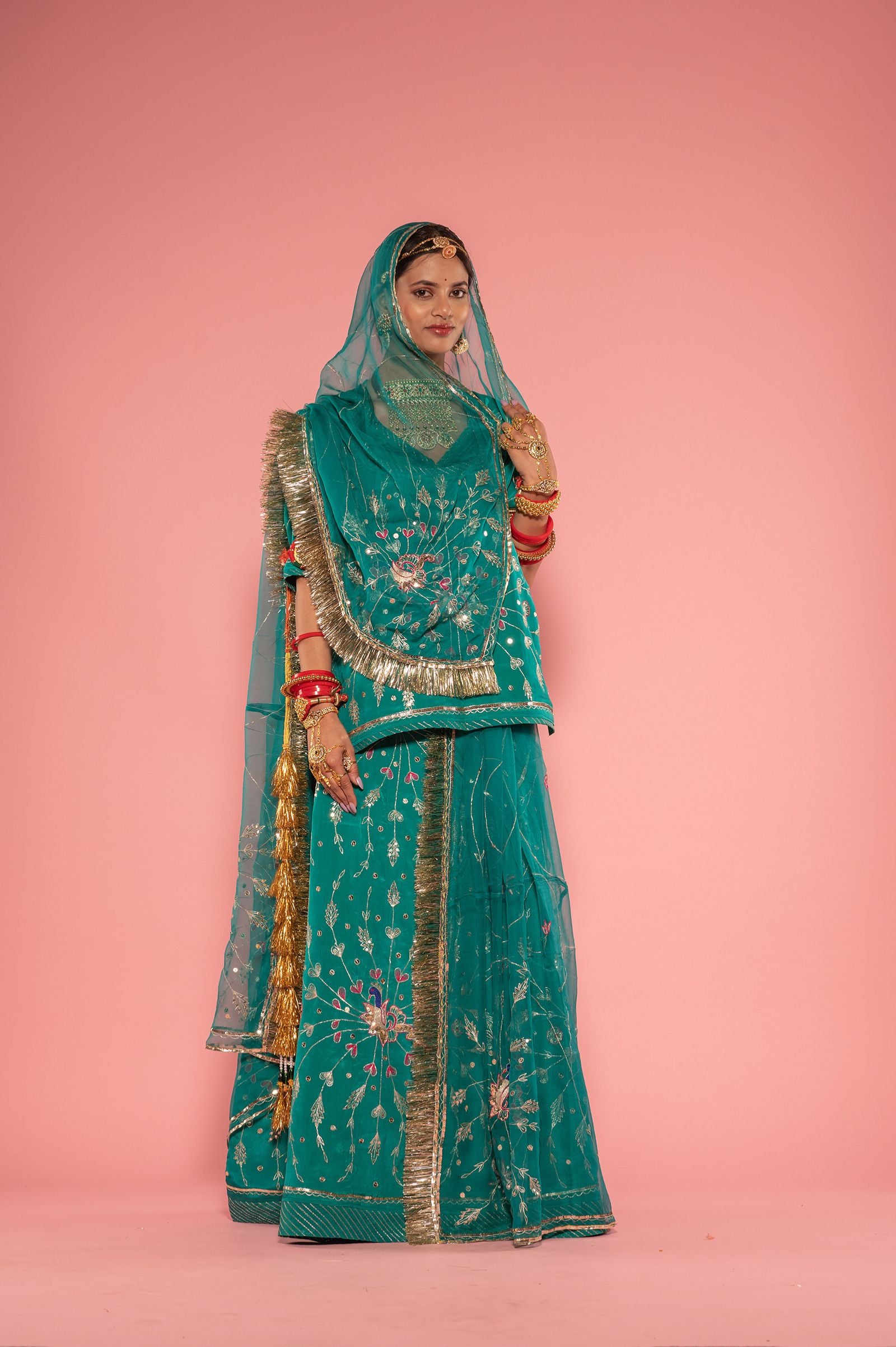 rama Crepe aari sequins jaal handwork poshak with pure odhna