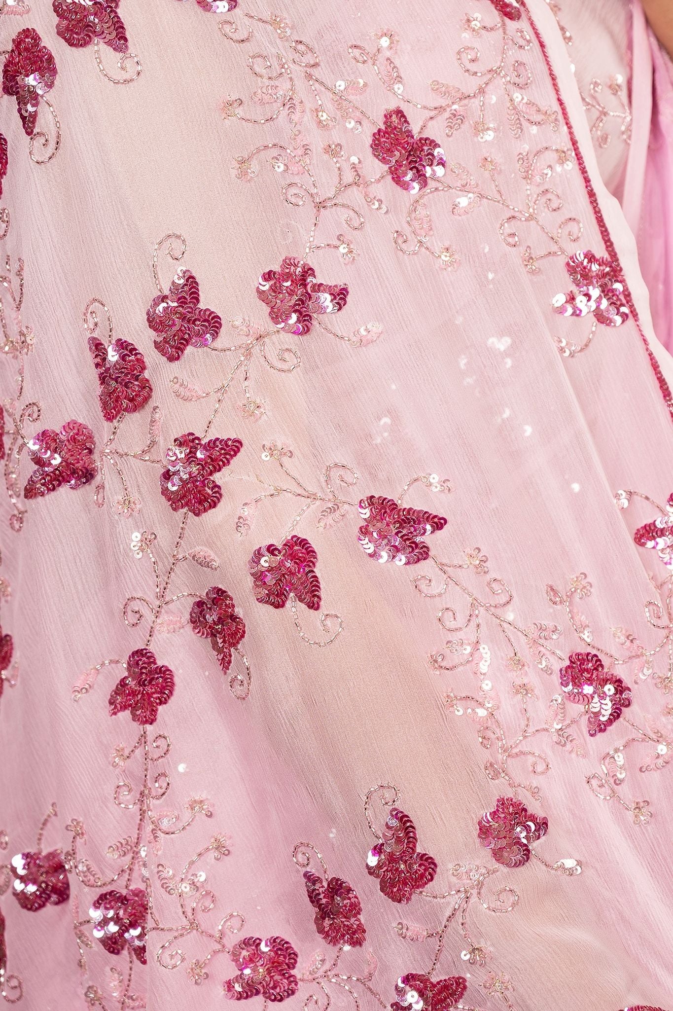 Pink light dark Pure Chiffon sequins kardana jaal handwork saree