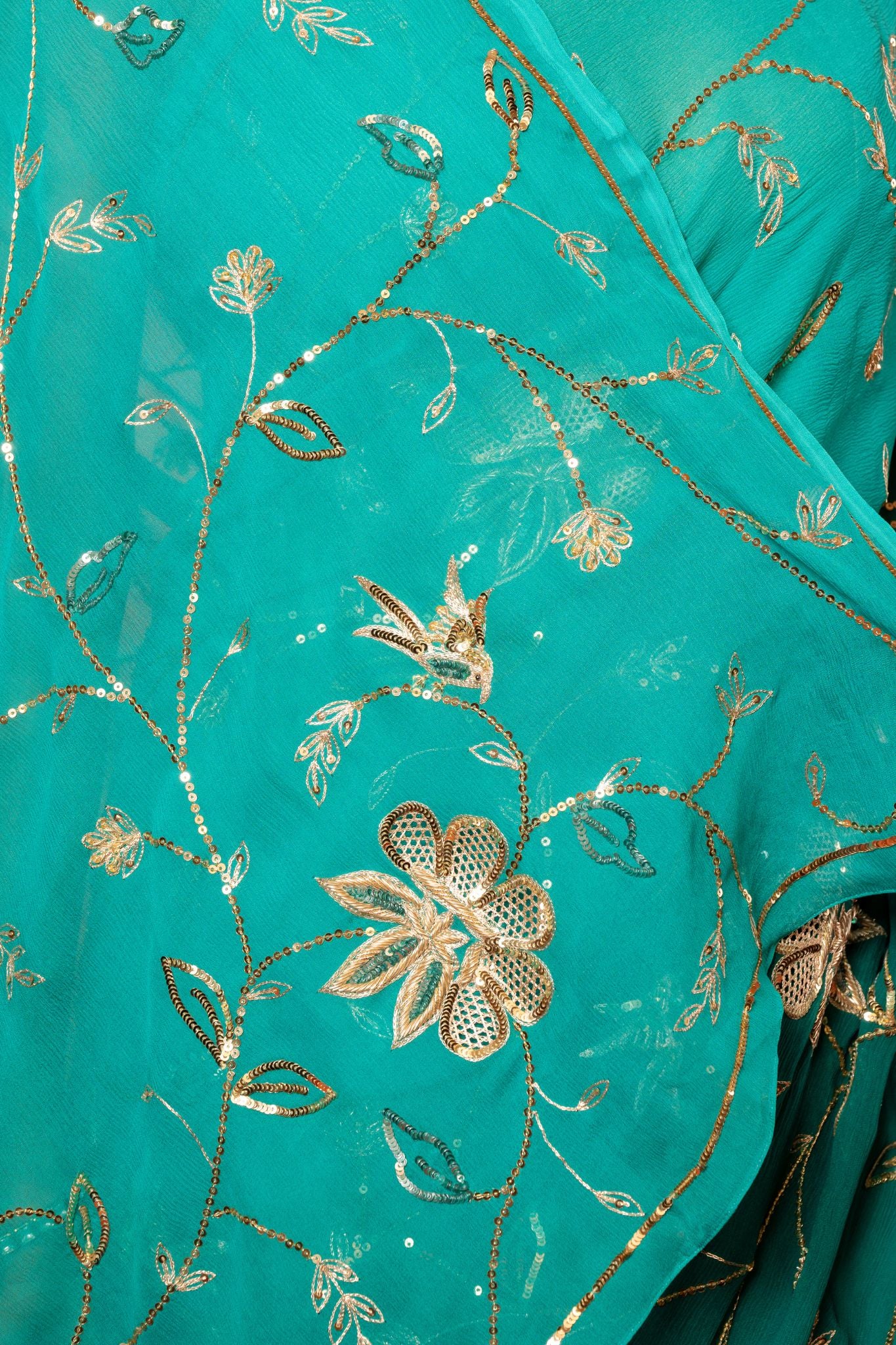 Rama green pure chiffon aari sequins jaal handwork saree