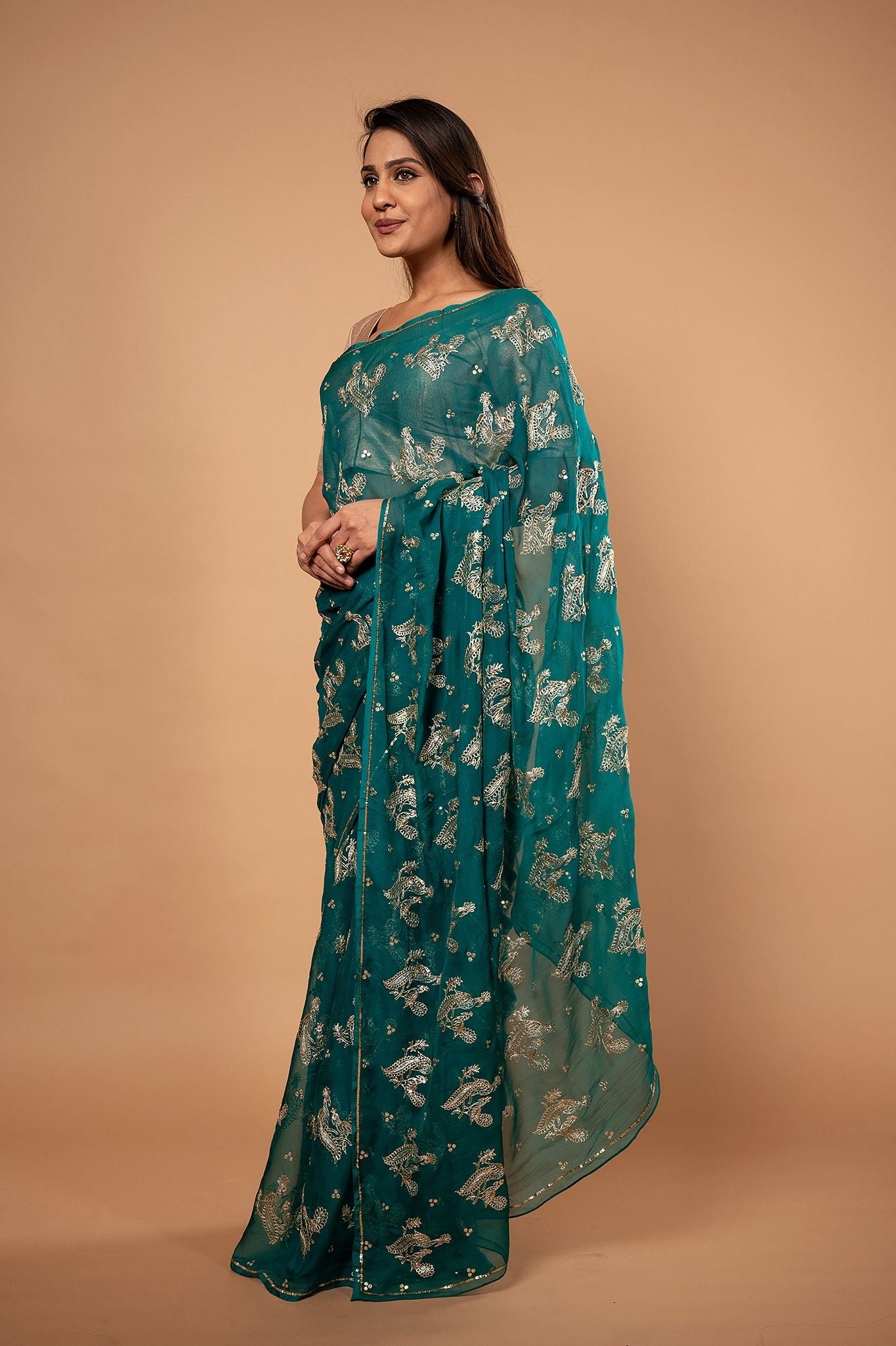 Rama green pure chiffon Aari motif handwork saree