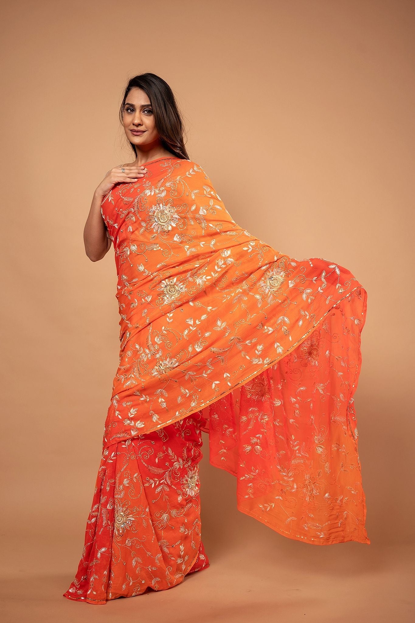 Orange light dark pure chiffon aari sequins zardozi jaal handwork saree