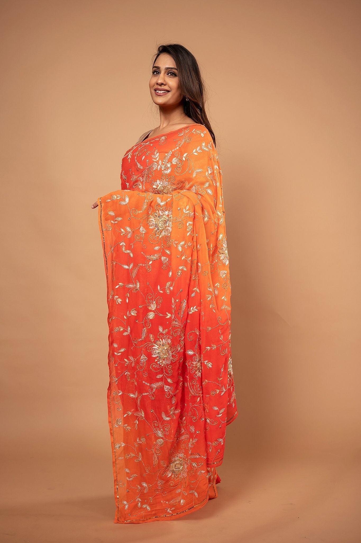 Orange light dark pure chiffon aari sequins zardozi jaal handwork saree