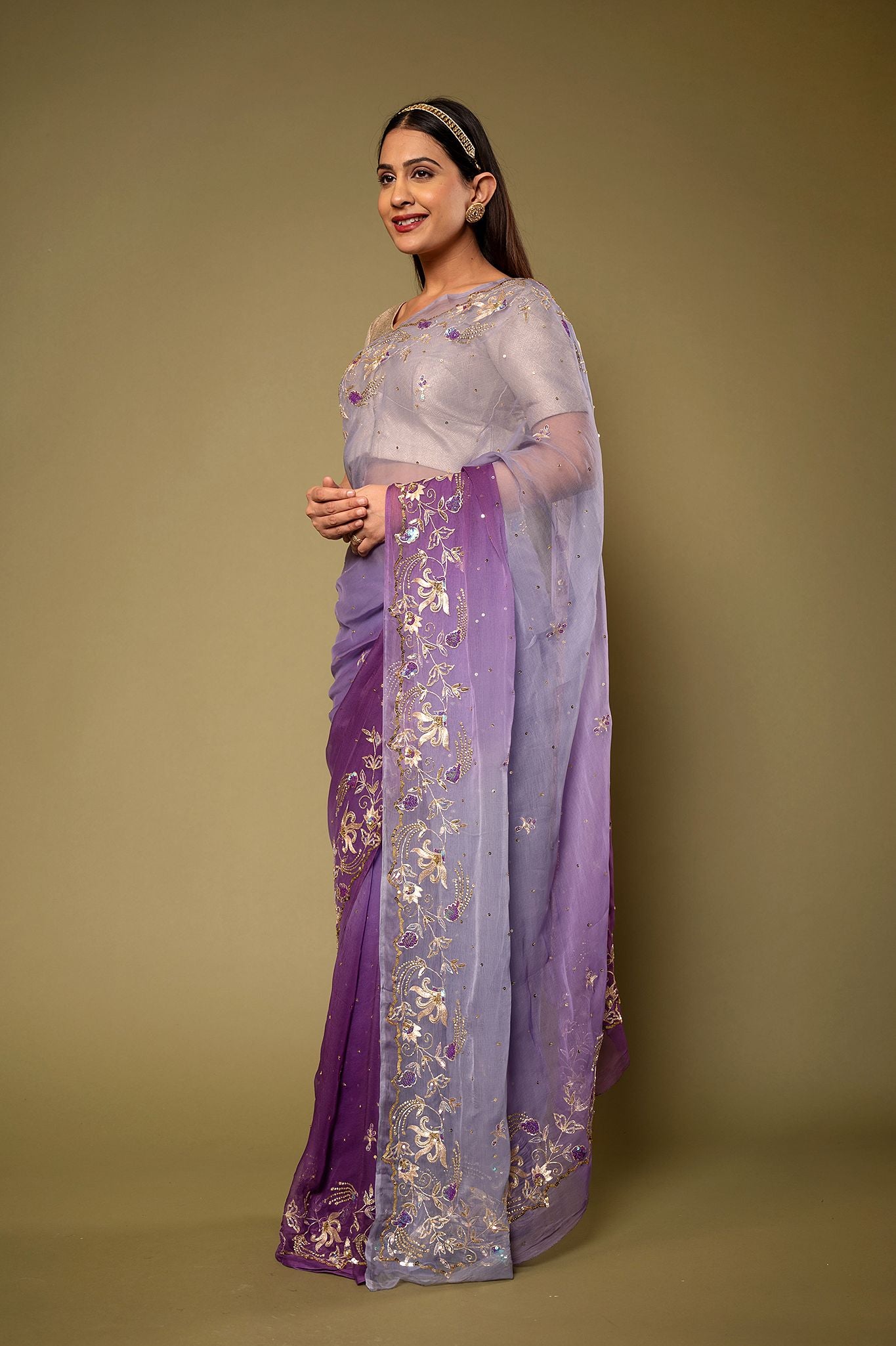 Lavender viscose Chiffon aari sequins border butti handwork saree