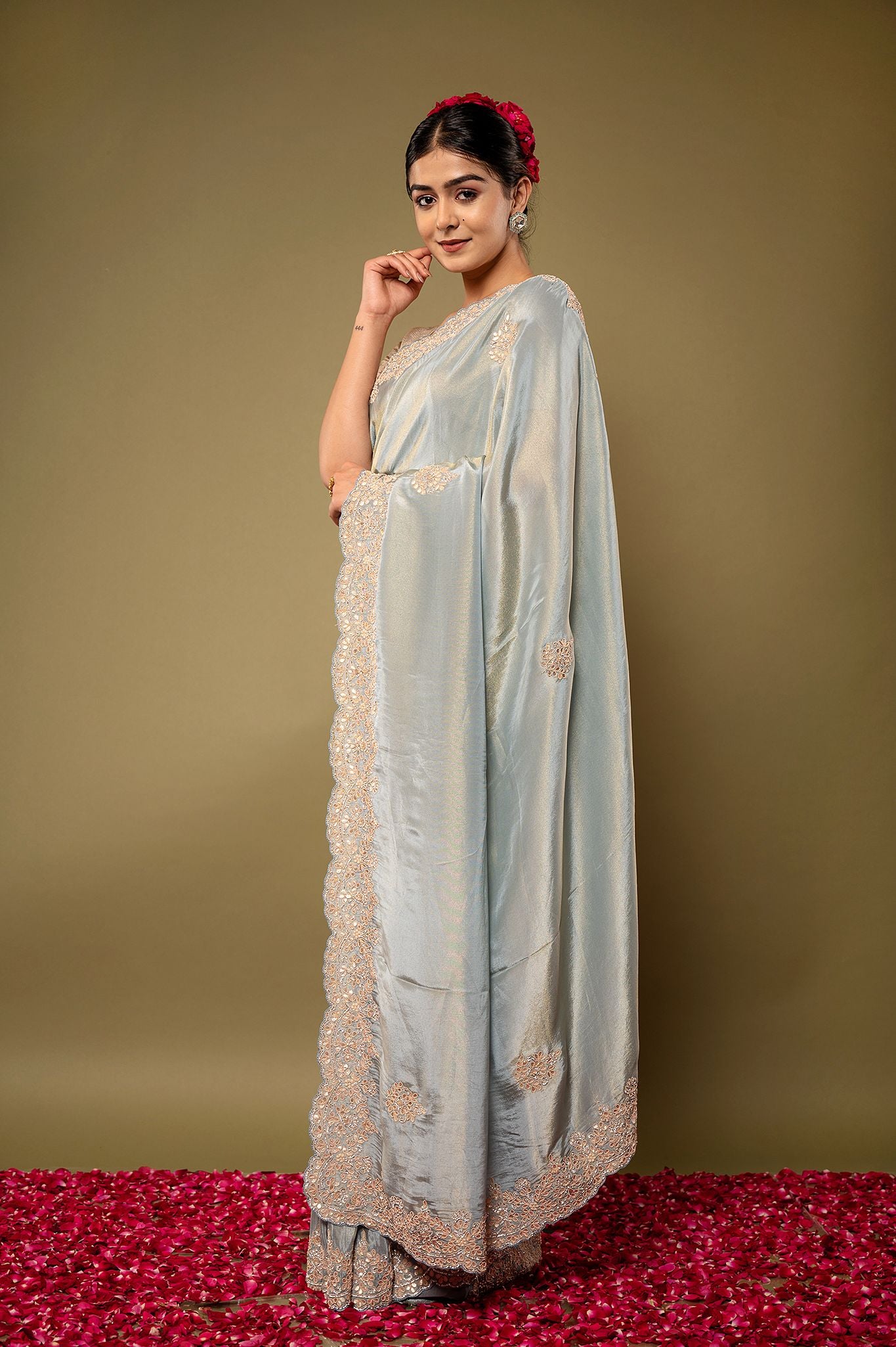 light grey Pure Tissue Resham Gotta pati borderbutti handwork party wear saree