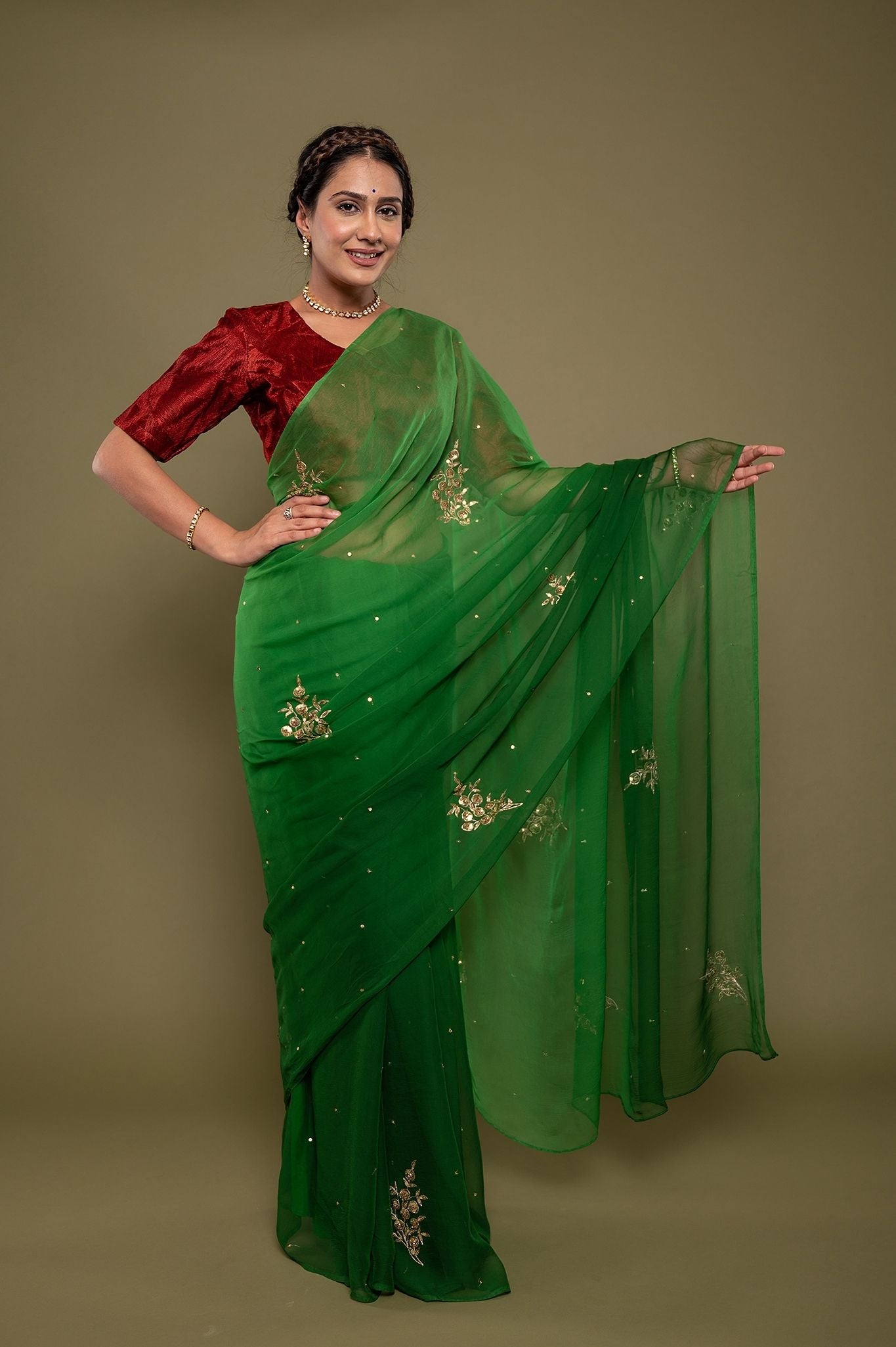 Green viscose chiffon aari sequns handwork saree