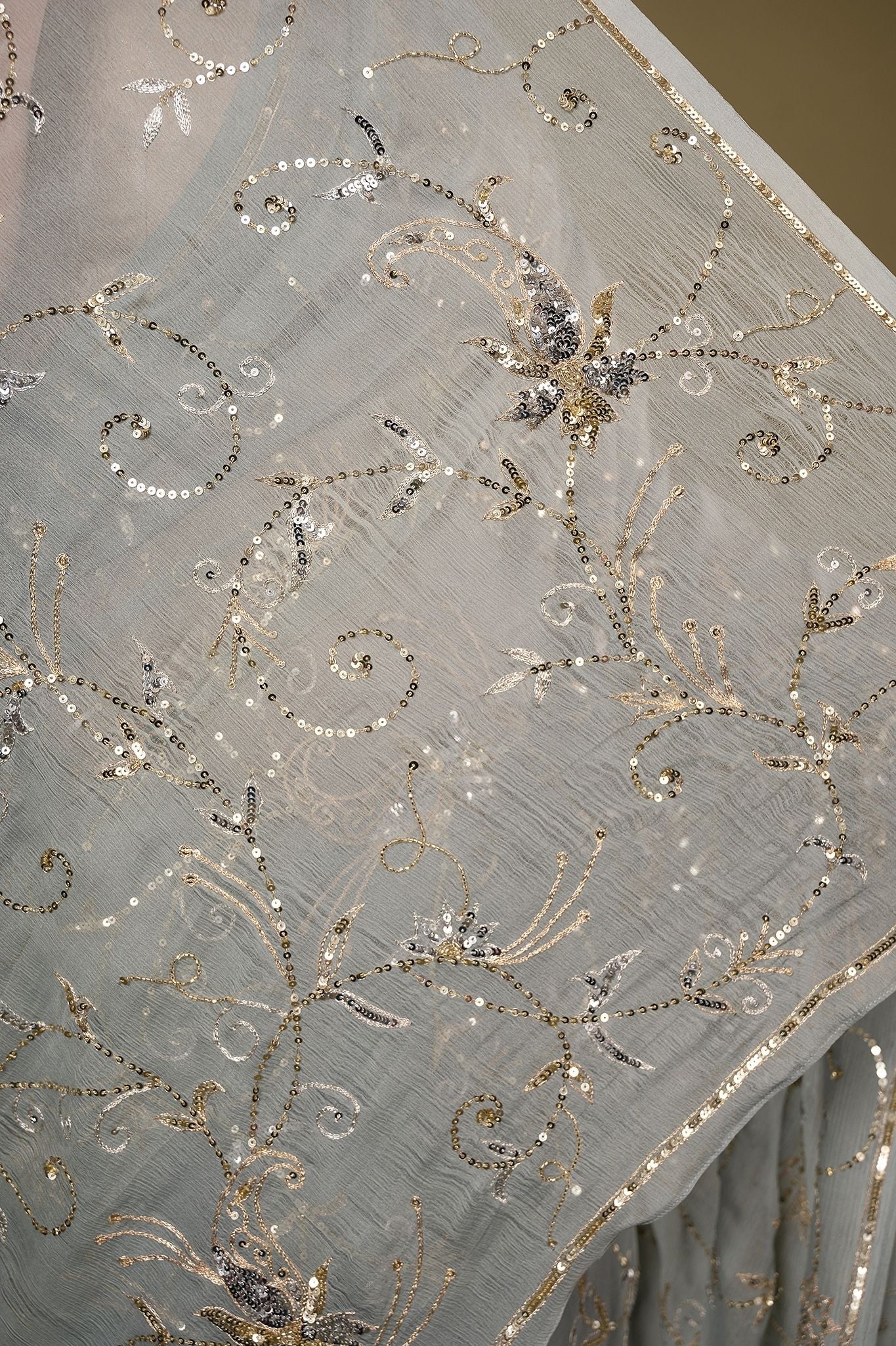 Grey Pure Chiffon aari sequins jaal handwork saree