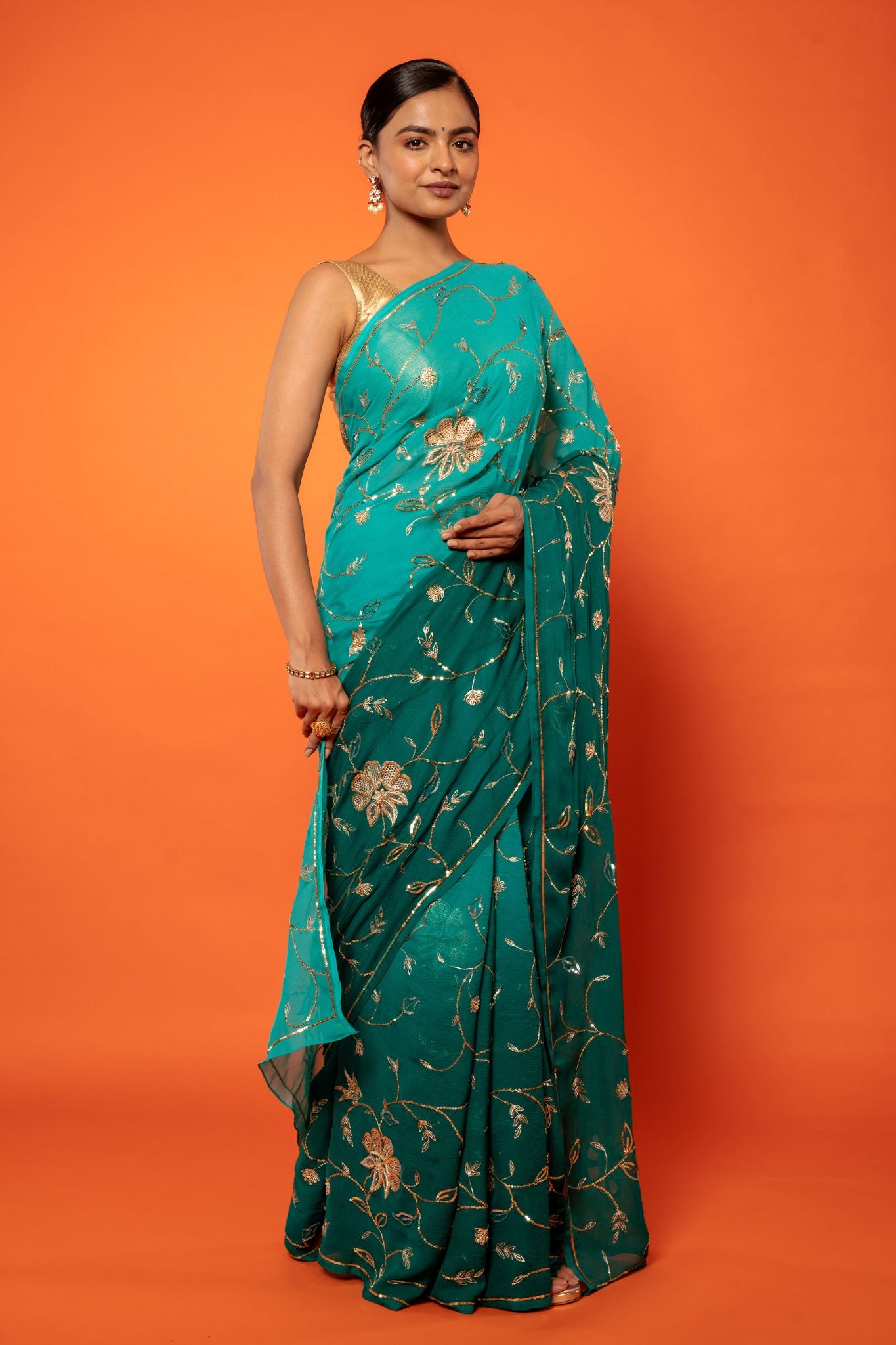 Rama green pure chiffon aari sequins jaal handwork saree