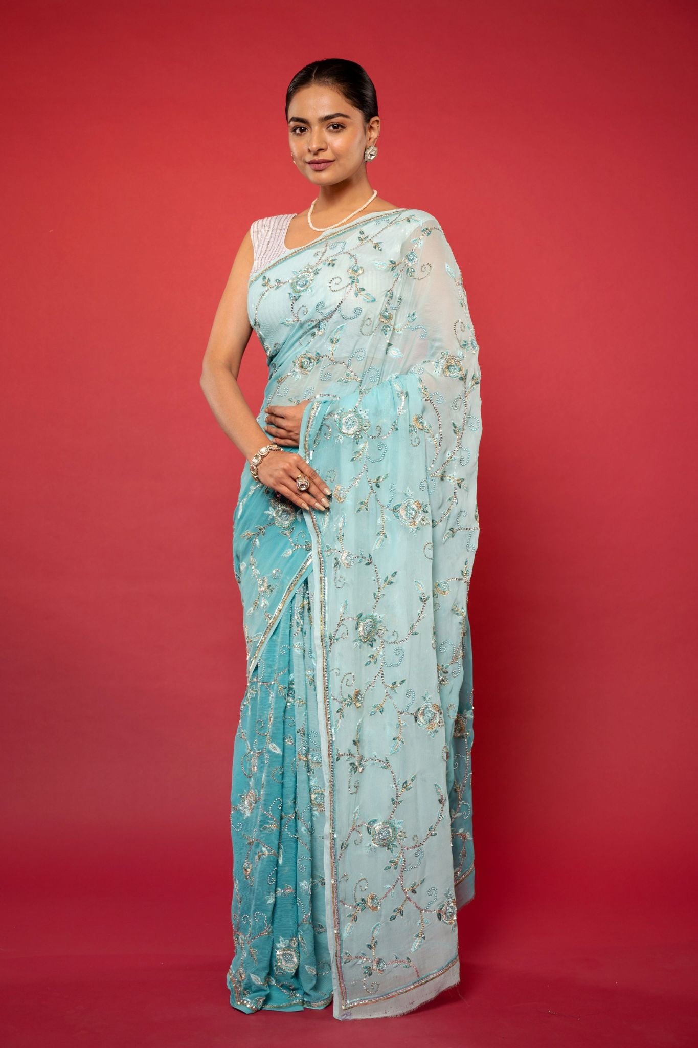 Sky blue light dark pure chiffon Aari sequins resham pearl work handwork saree