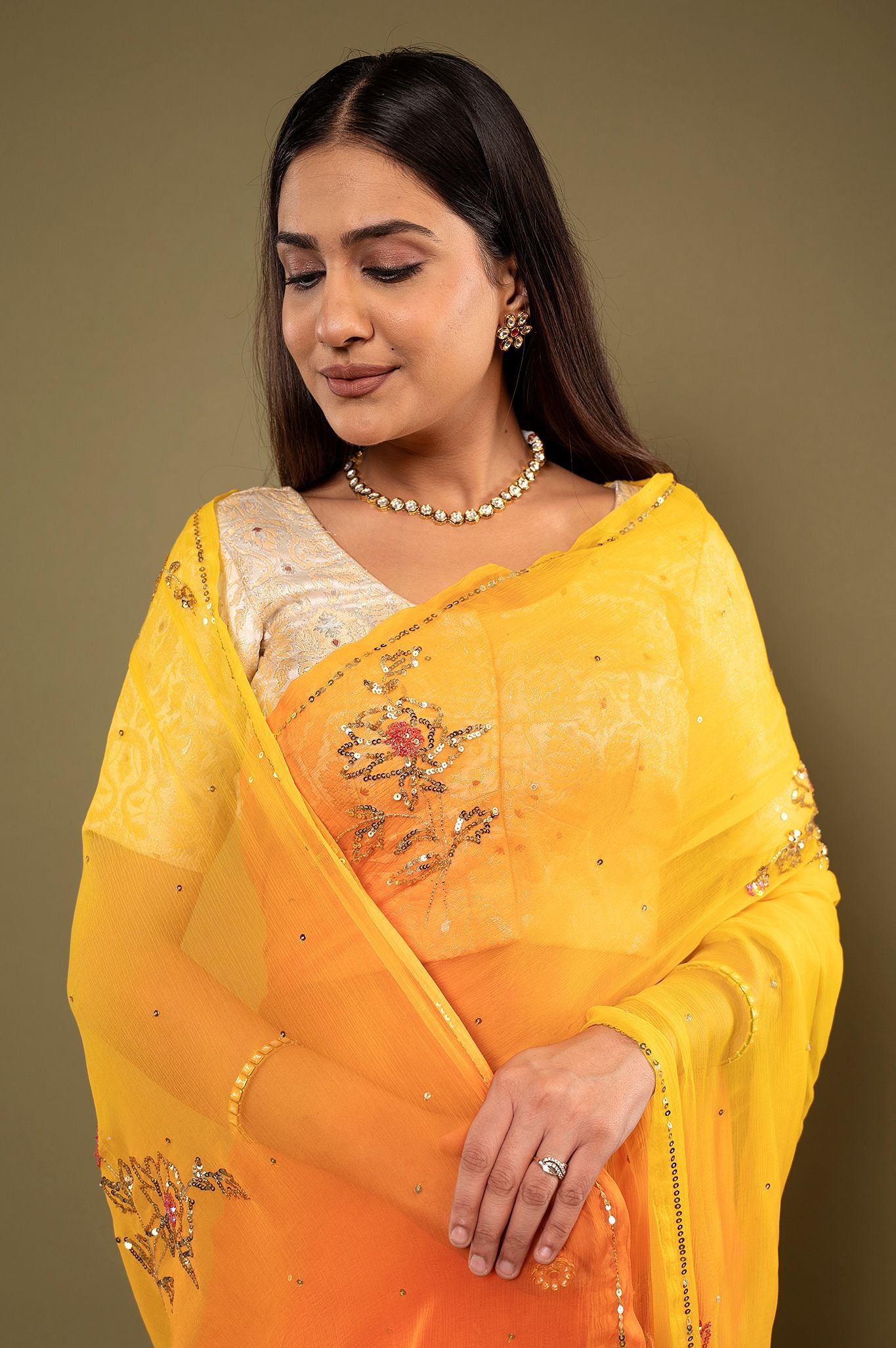 Orange yellow light dark viscose chiffon sequins motif handwork casual wear saree