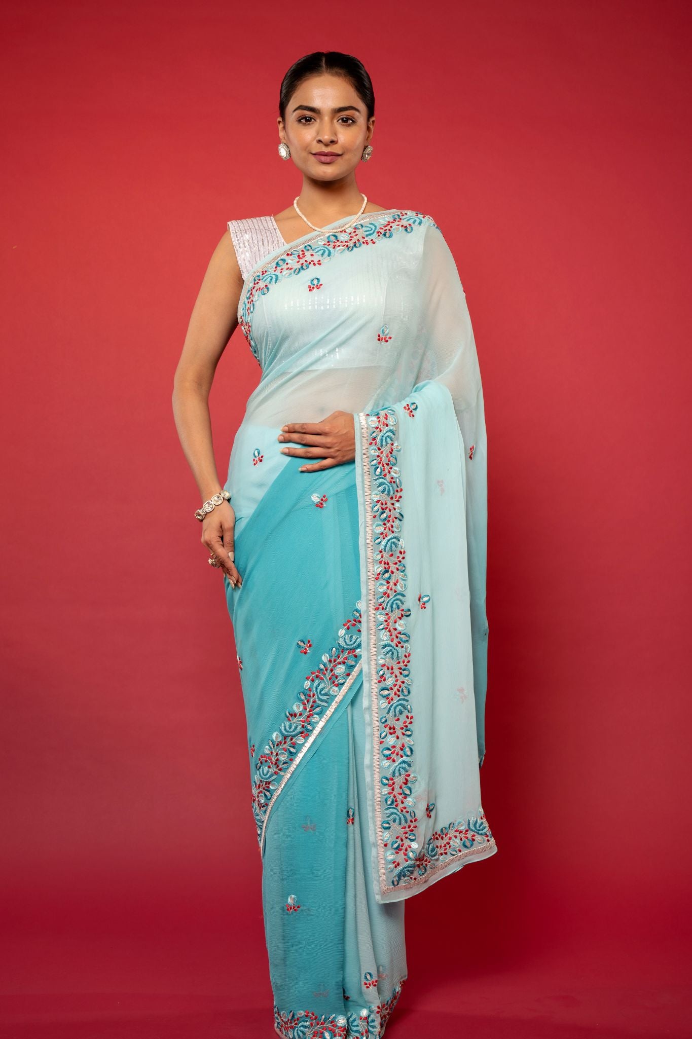 Sky blue light dark pure chiffon Resham Border butti handwork saree