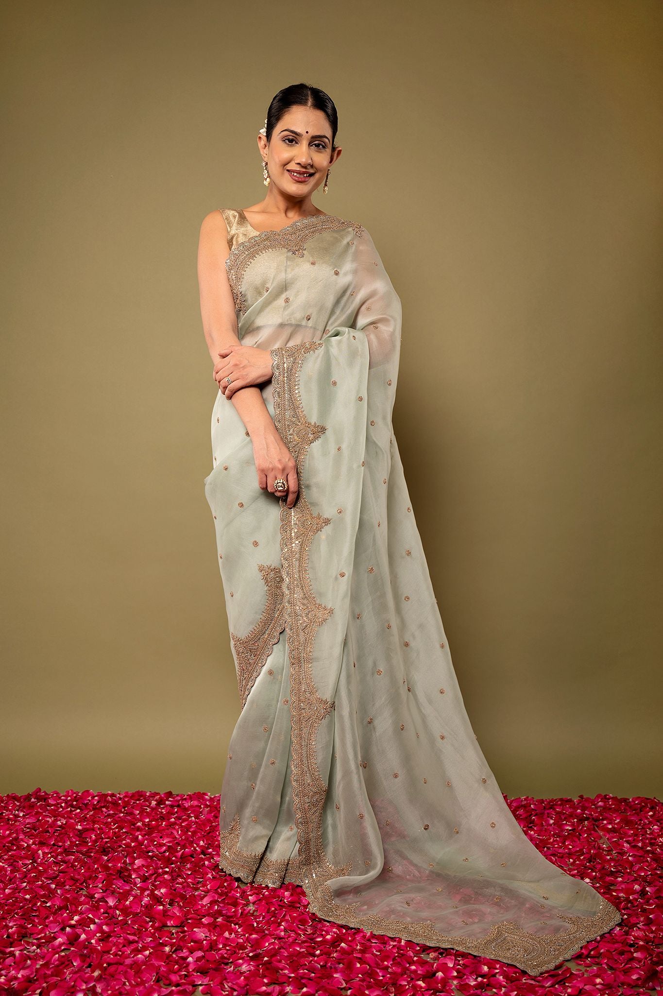 Greyish Green pure organza Dapka Marodi Border Butti handwork saree