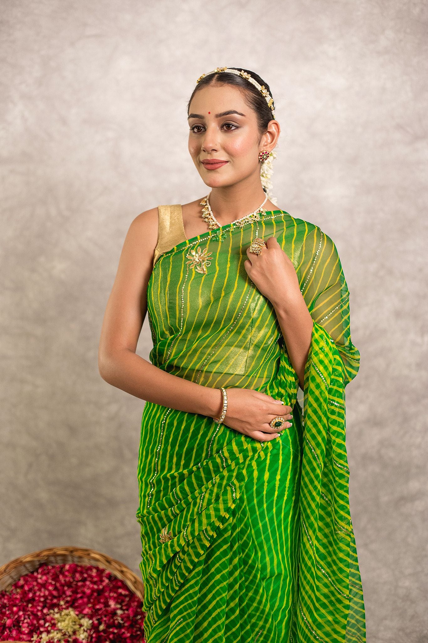 Green lehariya Pure Georgette 20 Gsm Aari tari handwork traditional wear saree