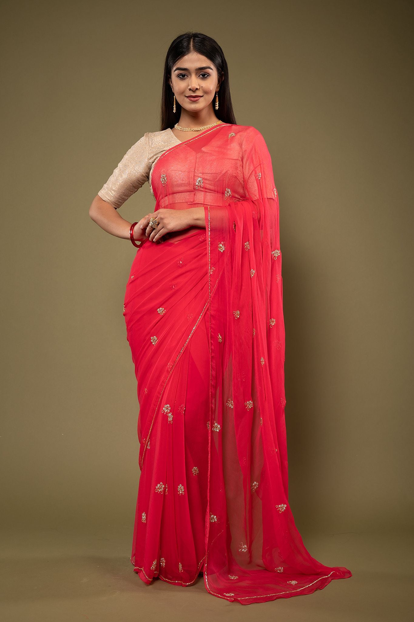 Red viscose chiffon kardana kundan motif handwork casual wear saree