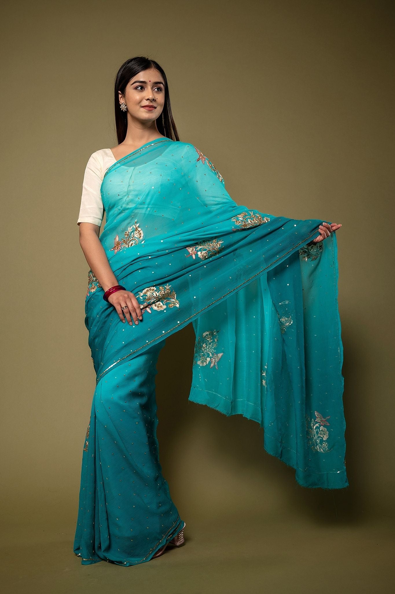 Rama Blue Light dark Pure Chiffon sequins motif handwork saree