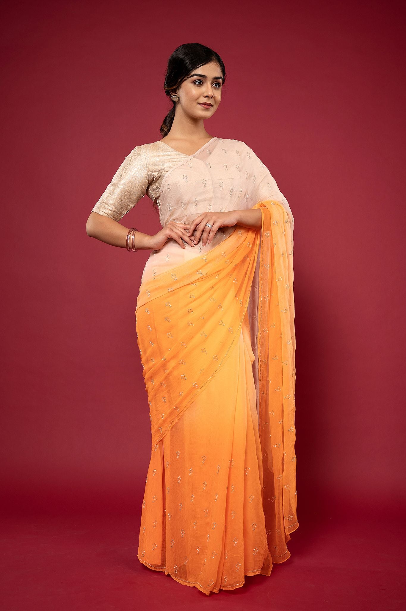 Peach light dark viscose chiffon kardana motif handwork casual wear saree