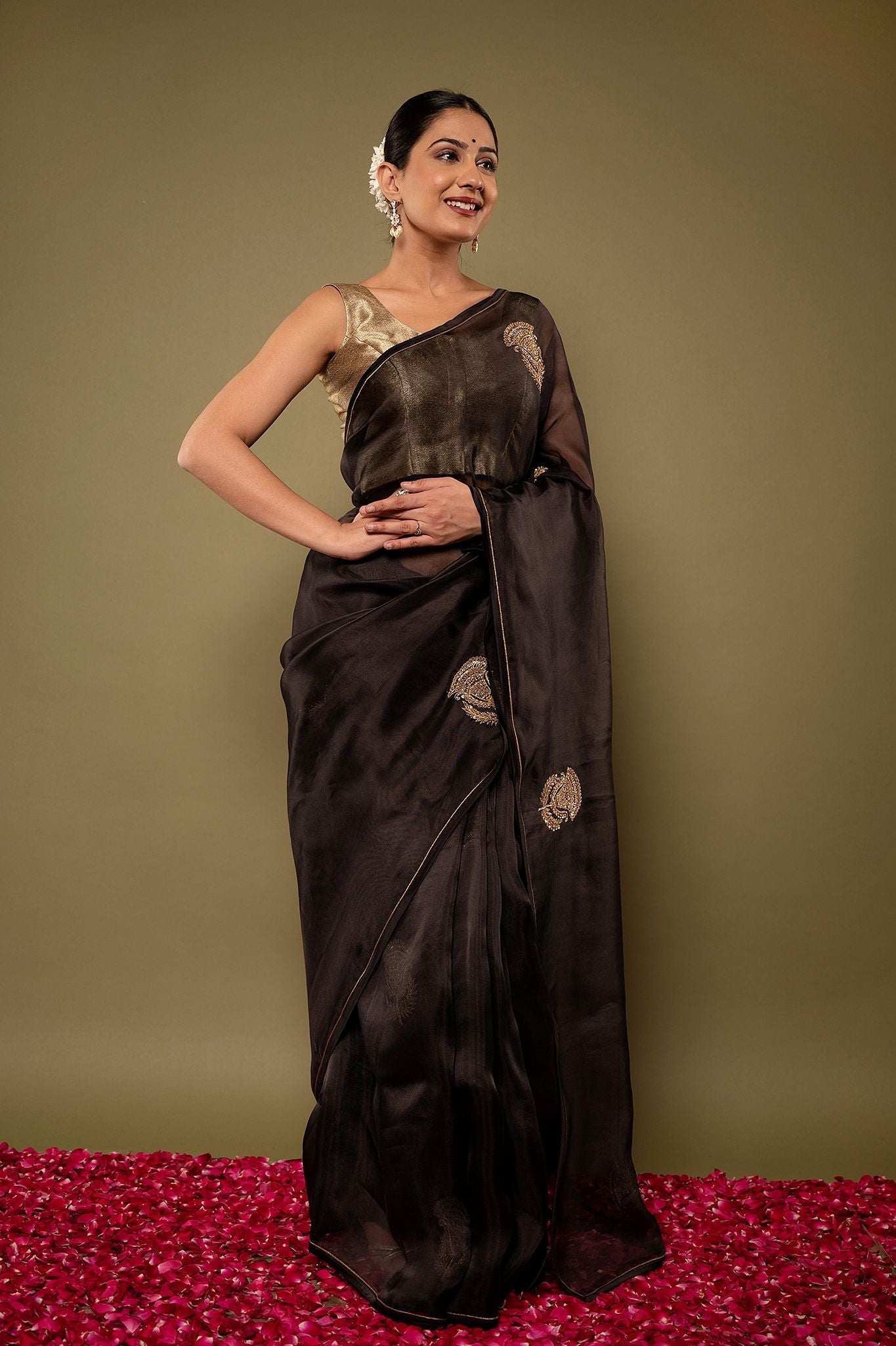 Black pure organza zardozi motif handwork saree