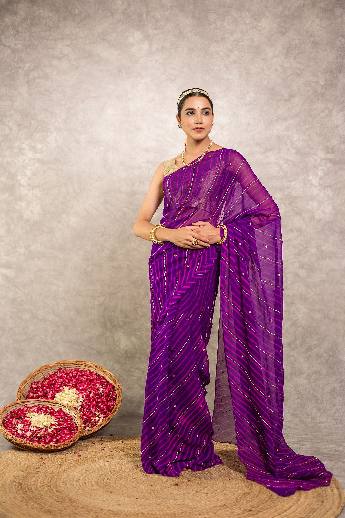 Purple lehariya Pure Georgette 20 Gsm Aari tari handwork traditional wear saree