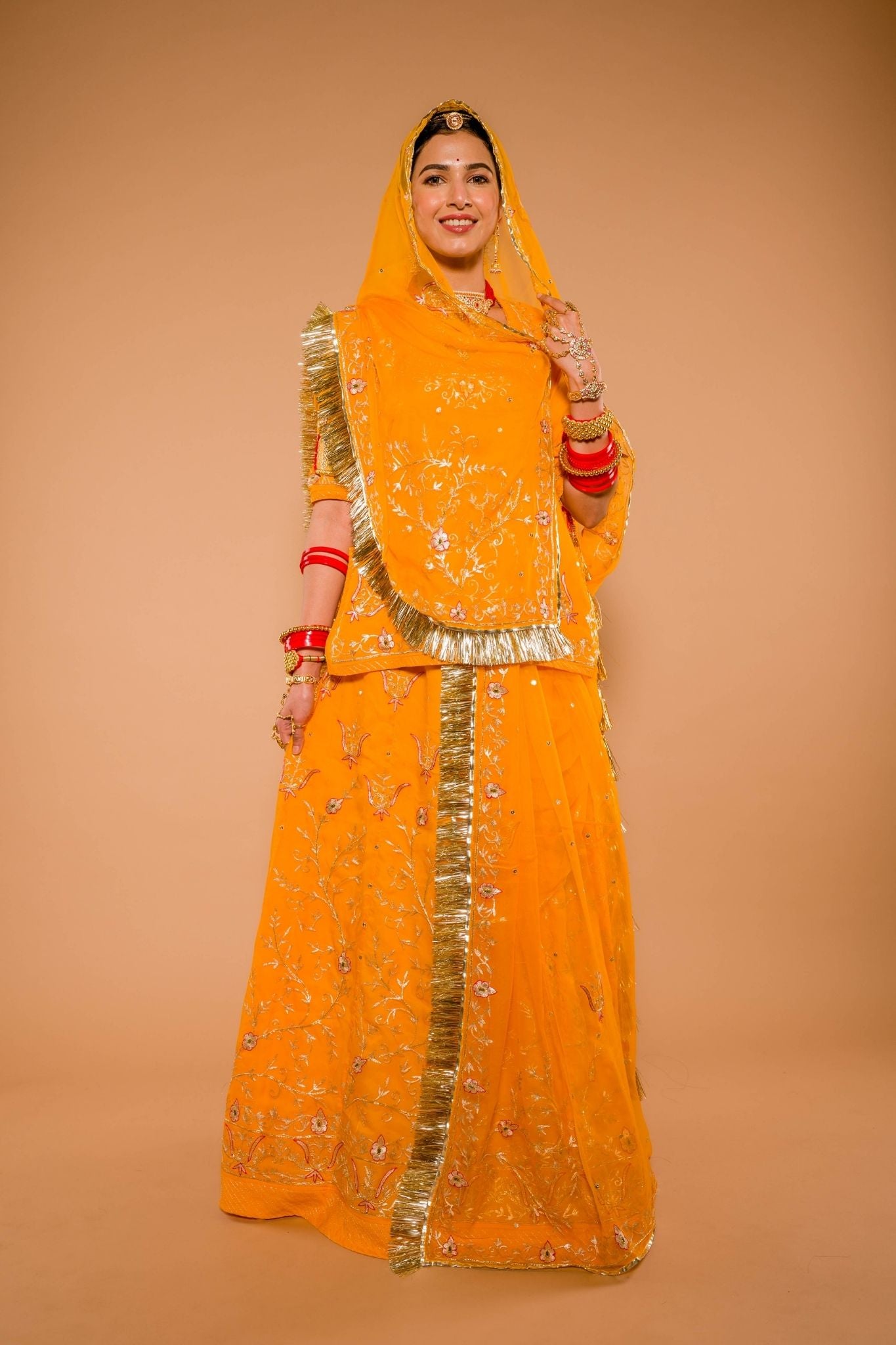 yellow bamber satin aari sequins handwork poshak with pure odhna