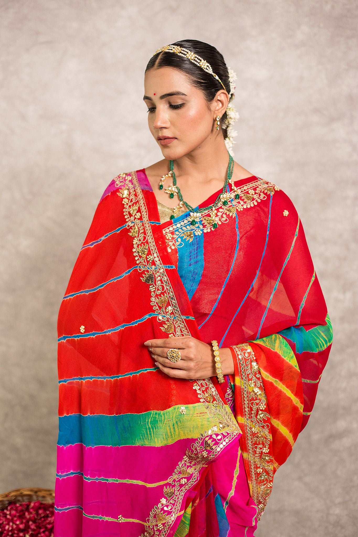 Multi lehariya Pure Georgette 20 Gsm Gotta Pati border butti handwork traditional wear saree