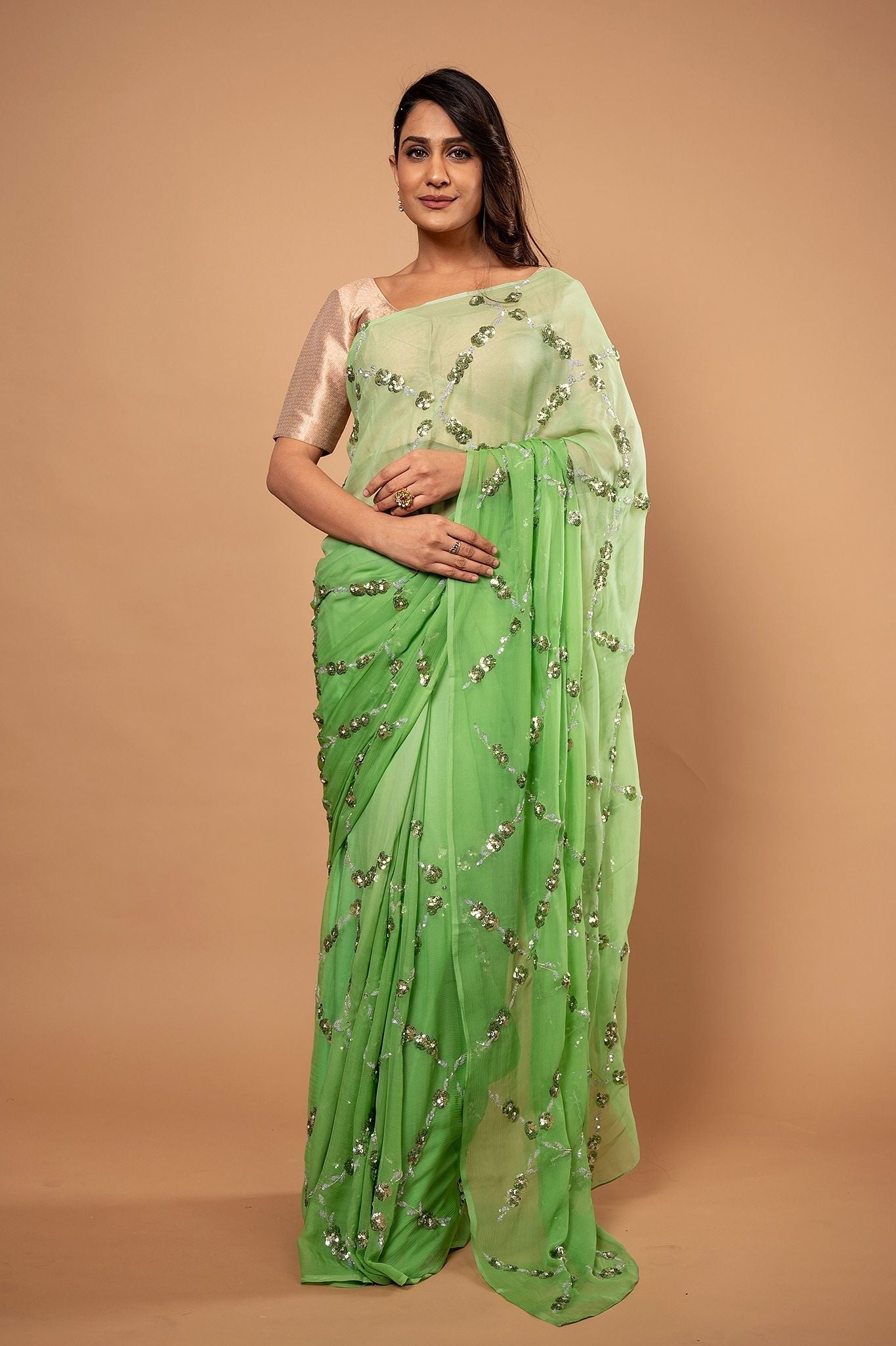 parrot green light dark pure chiffon sequins jaal handwork saree
