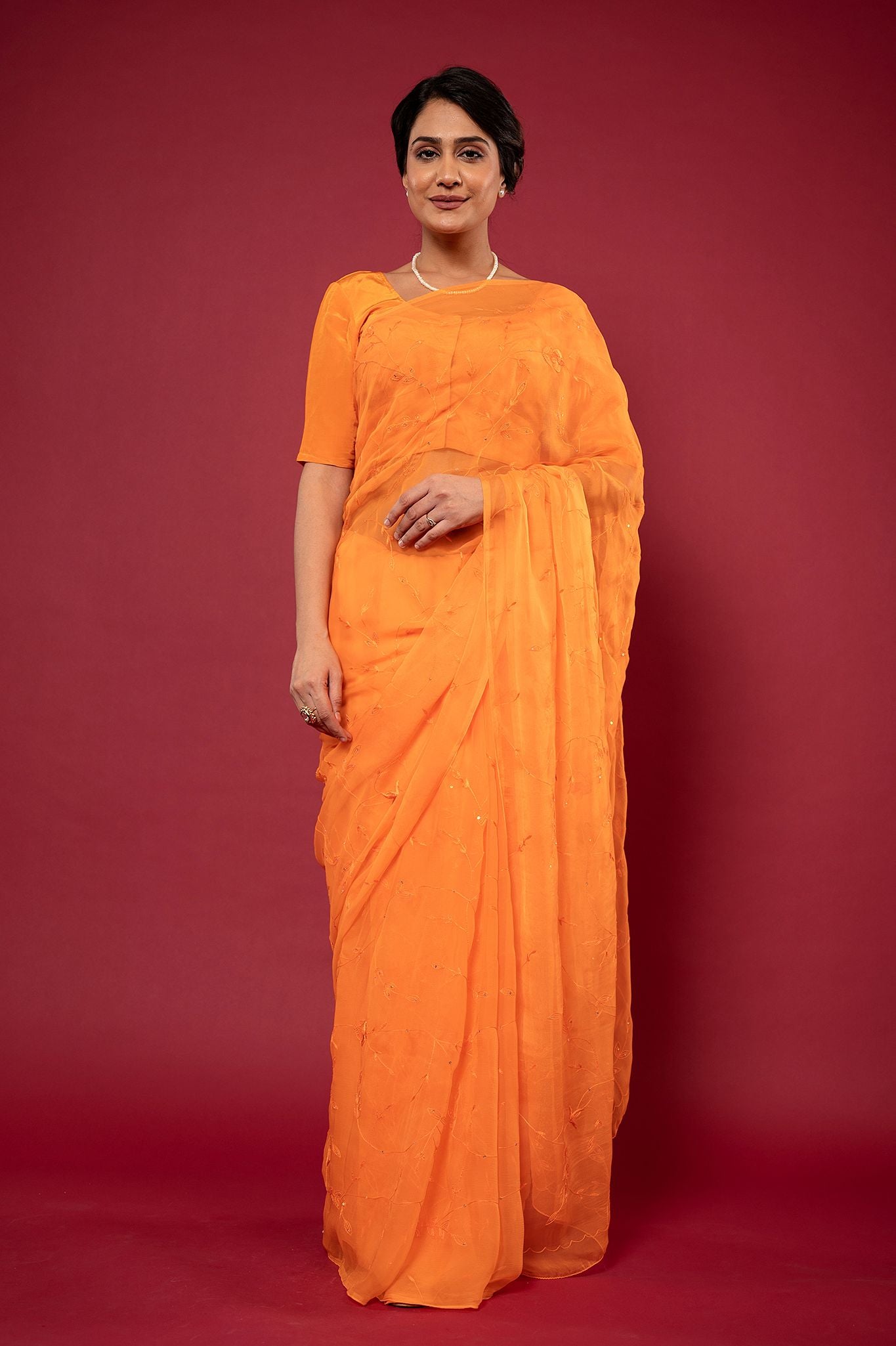 Orange viscose chiffon Resham Sequins jaal handwork casual wear saree