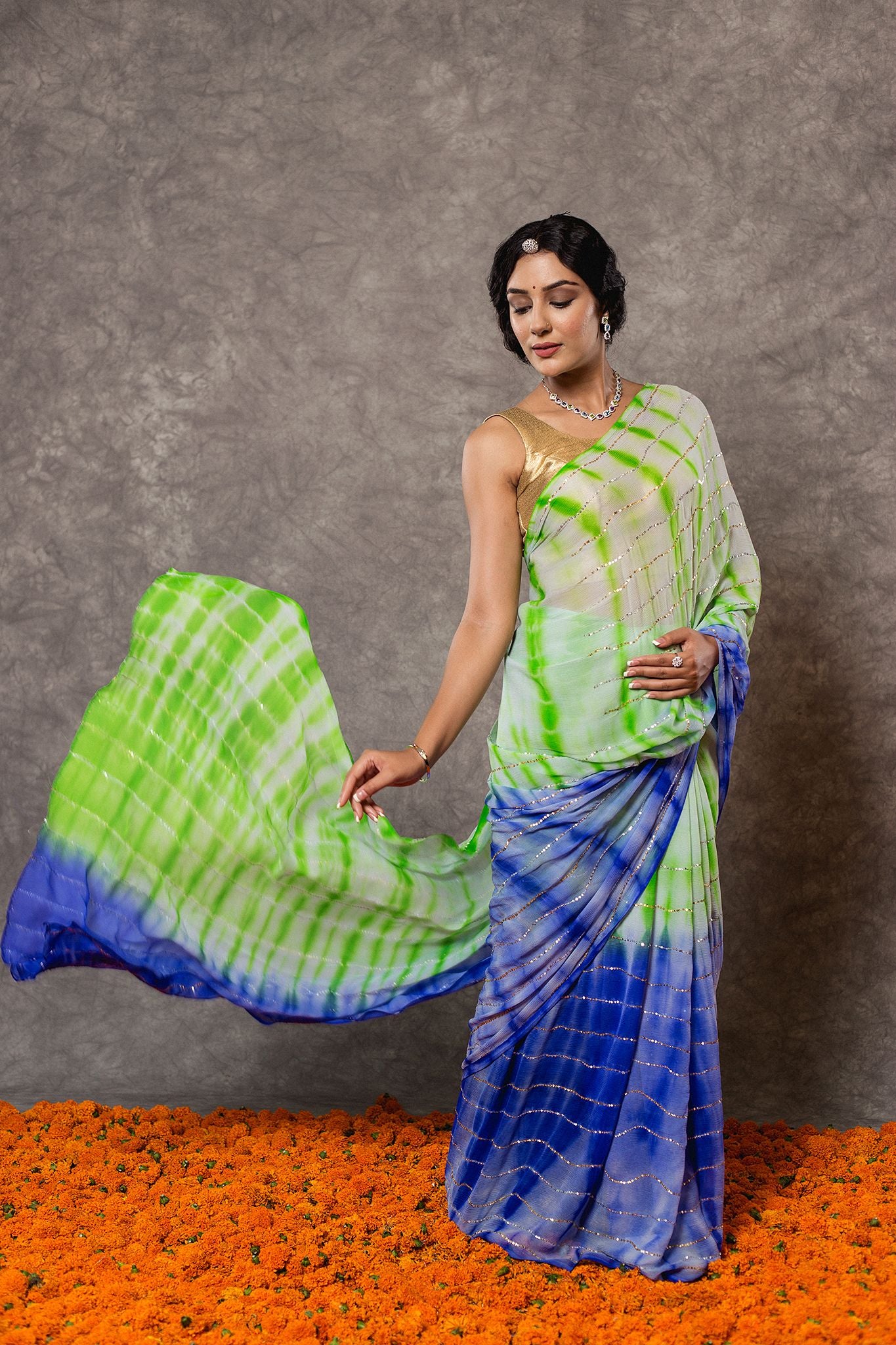 Multi Shaded pure Georgette 20 Gsm Sequins Handwork Saree