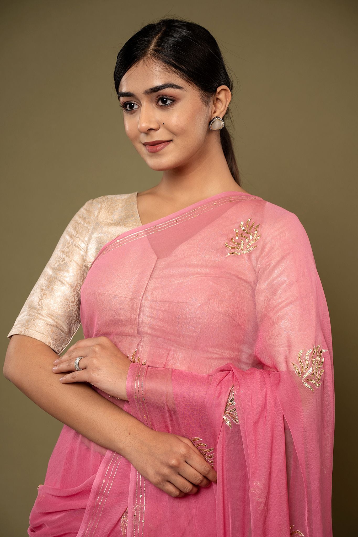 Pink viscose chiffon aari sequins motif handwork casual wear saree