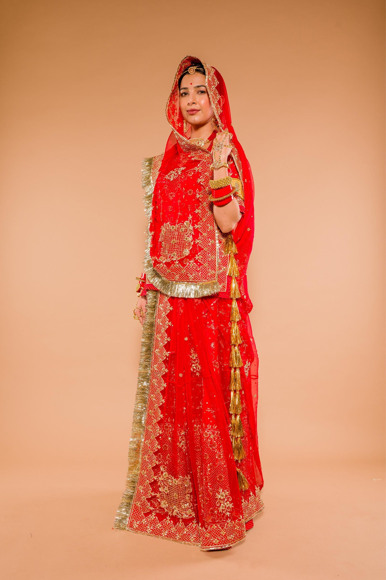 red pure silk Satin zardozi handwork poshak with pure odhna