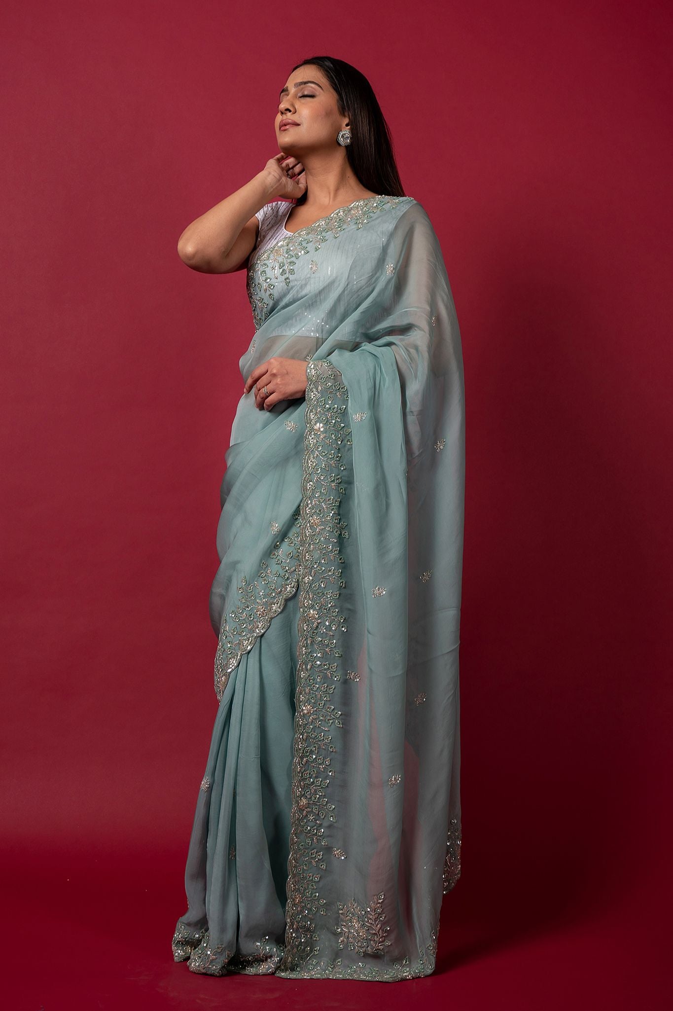 Sea Green Tissue organza sequins kardana handwork saree