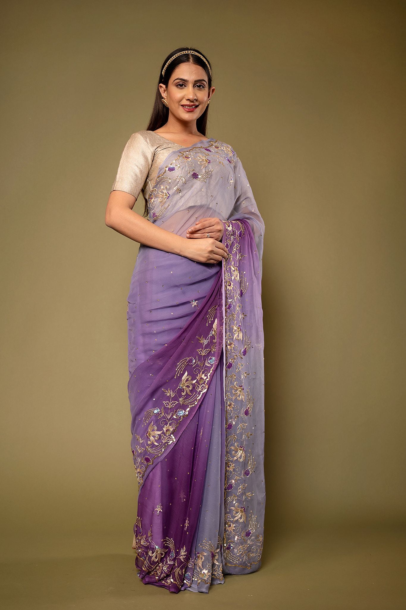 Lavender viscose Chiffon aari sequins border butti handwork saree