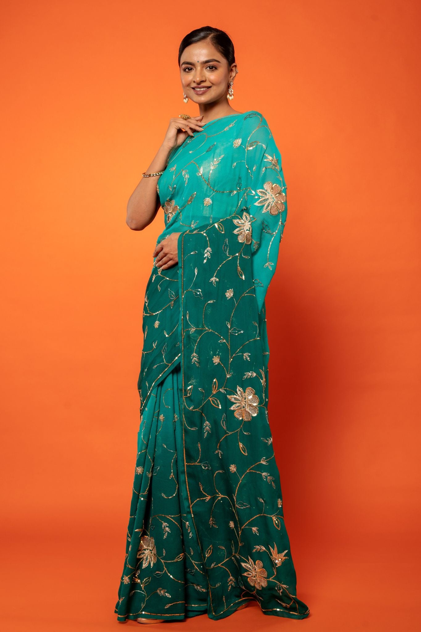 Rama green pure chiffon aari sequins jaal handwork saree